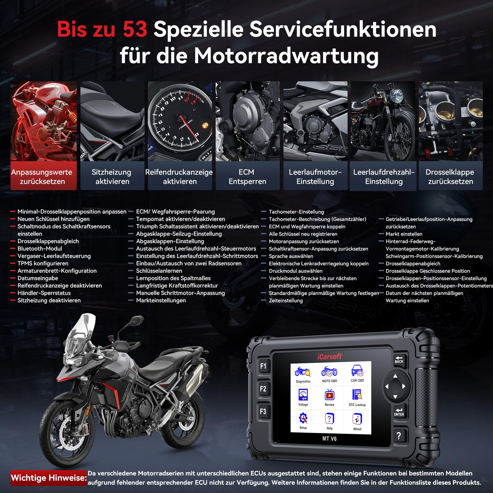 iCarsoft MT V6 Motorrad Diagnosegerät für Triumph, OBD2 Diagnosewerkzeuge für Motorräder mit Komplettsystem Auslesegerät 53 Service 55 Bidirektionaler Test AutoVIN Batterietest Lebenslange Updates