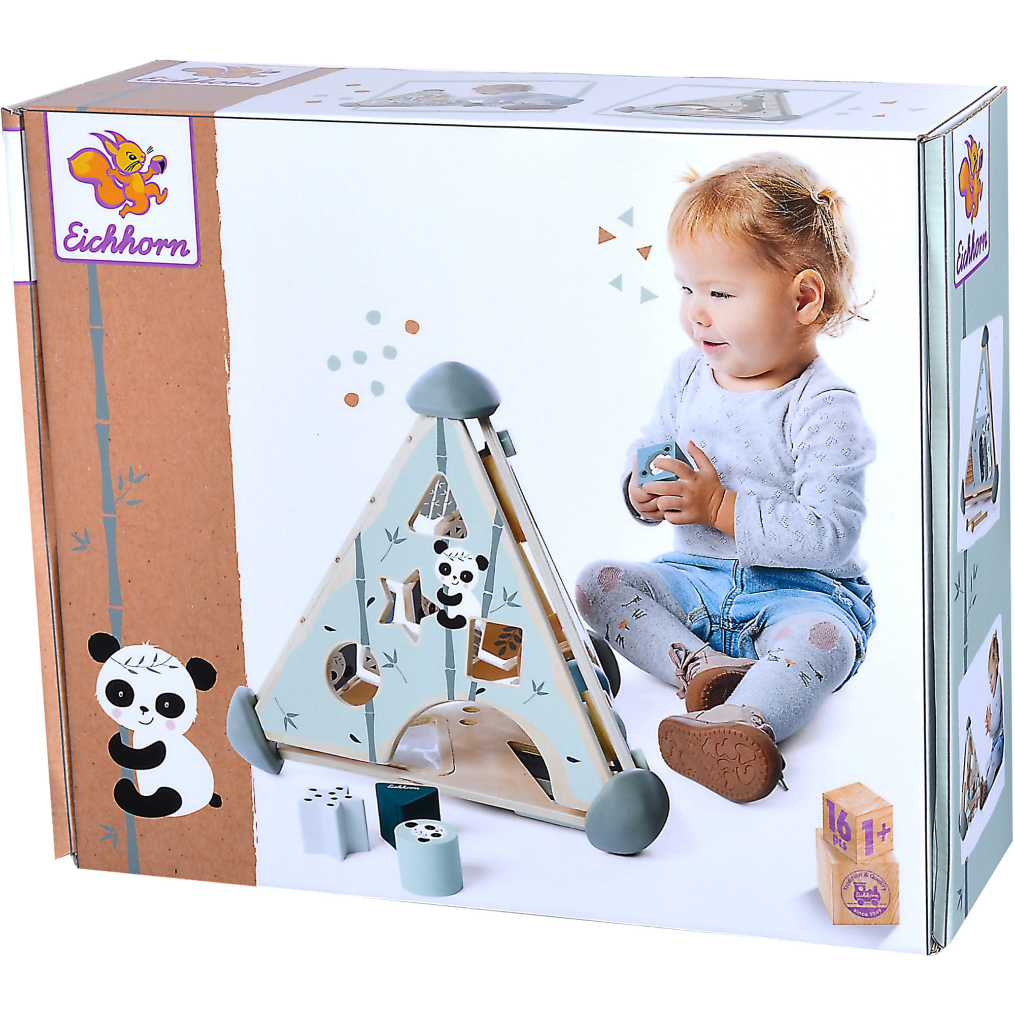 Eichhorn 100003812, Spielcenter Pyramide mit Kugelbahn, Musikfunktion und Steck, sowie Memospiel, 16-TLG., 33x33x38 cm, fördert Feinmotorik und Koordination, aus Birkenholz, ab 1 Jahr