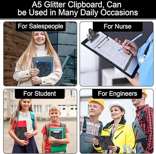 Miniatura 7 de Portapapeles de tamaño A5, portapapeles con purpurina con clip de perfil bajo, portapapeles de plástico brillante, lindo portapapeles colgante para