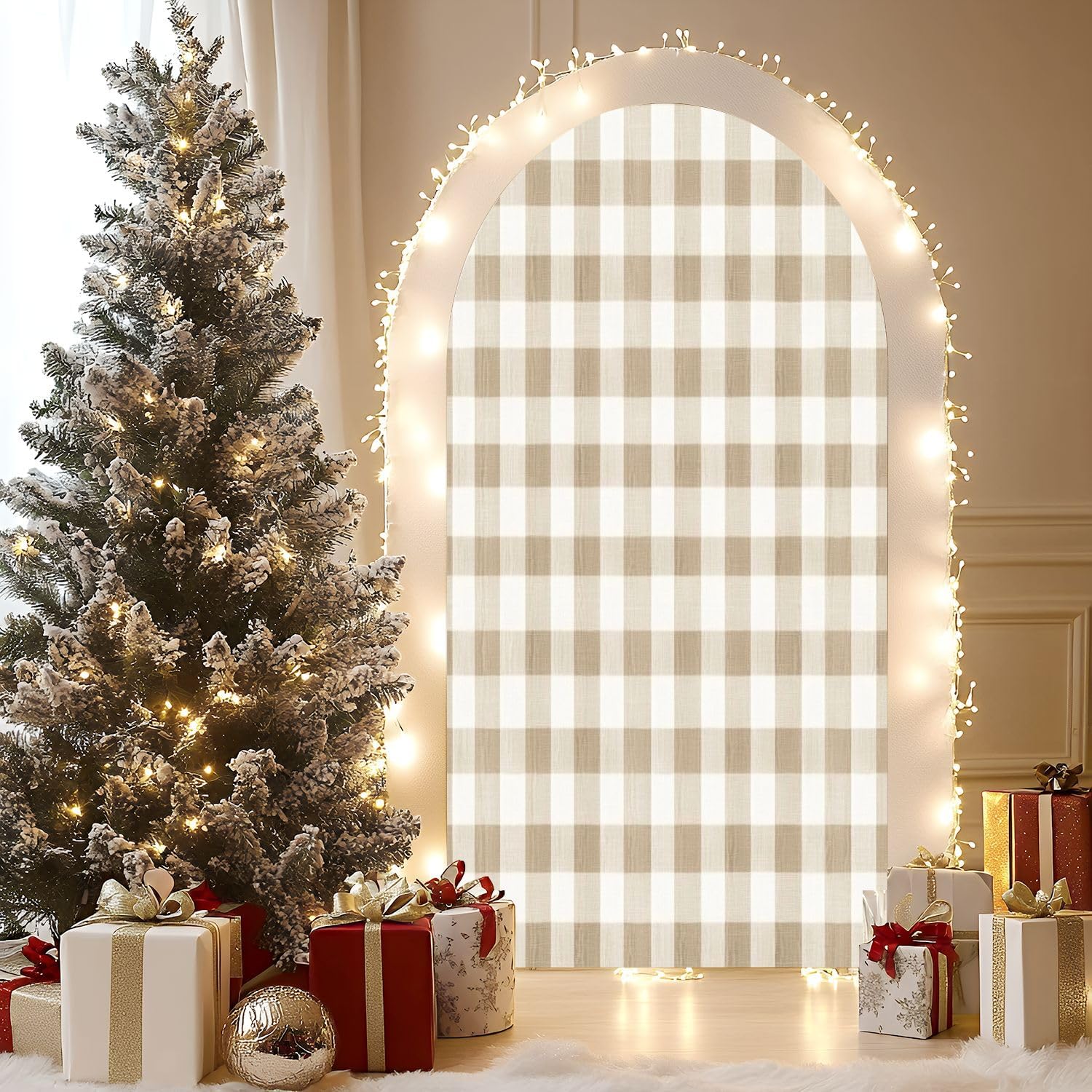 Wedding Arch Backdrop Cover 7.2FT Beige Gingham Pattern Seamless Pastel Check Plaid Beige White for Spandex Fitted Arch Cover Round Top Stands Cover for Birthday Party Ceremony Banquet Decoration