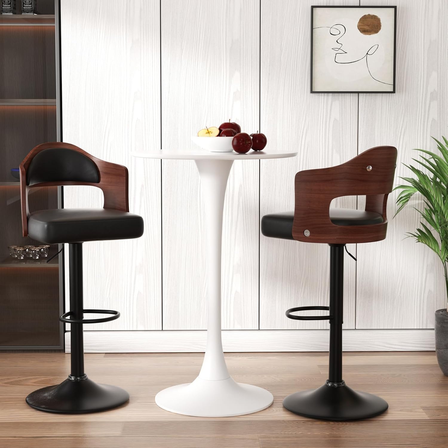 Nalupatio Modern Swivel Bar Stools Set of 2, Wooden Upholstered PU Leather Barstools with Back & Footrest, Counter Height Bar Chairs for Kitchen Island, Black