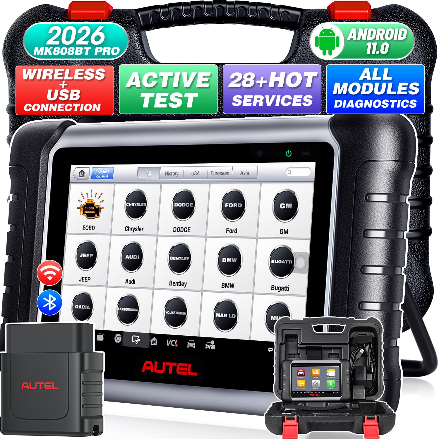 Autel Scanner MaxiCOM MK808BT PRO, 2026 Bidirectional Diagnostic Scan Tool as MK900BT, 2.0 BT Ver. of MK808S MX808S MX900 MK900, 3000+ Active Tests, 28+ Reset, Injector Coding, All Systems, OS 11