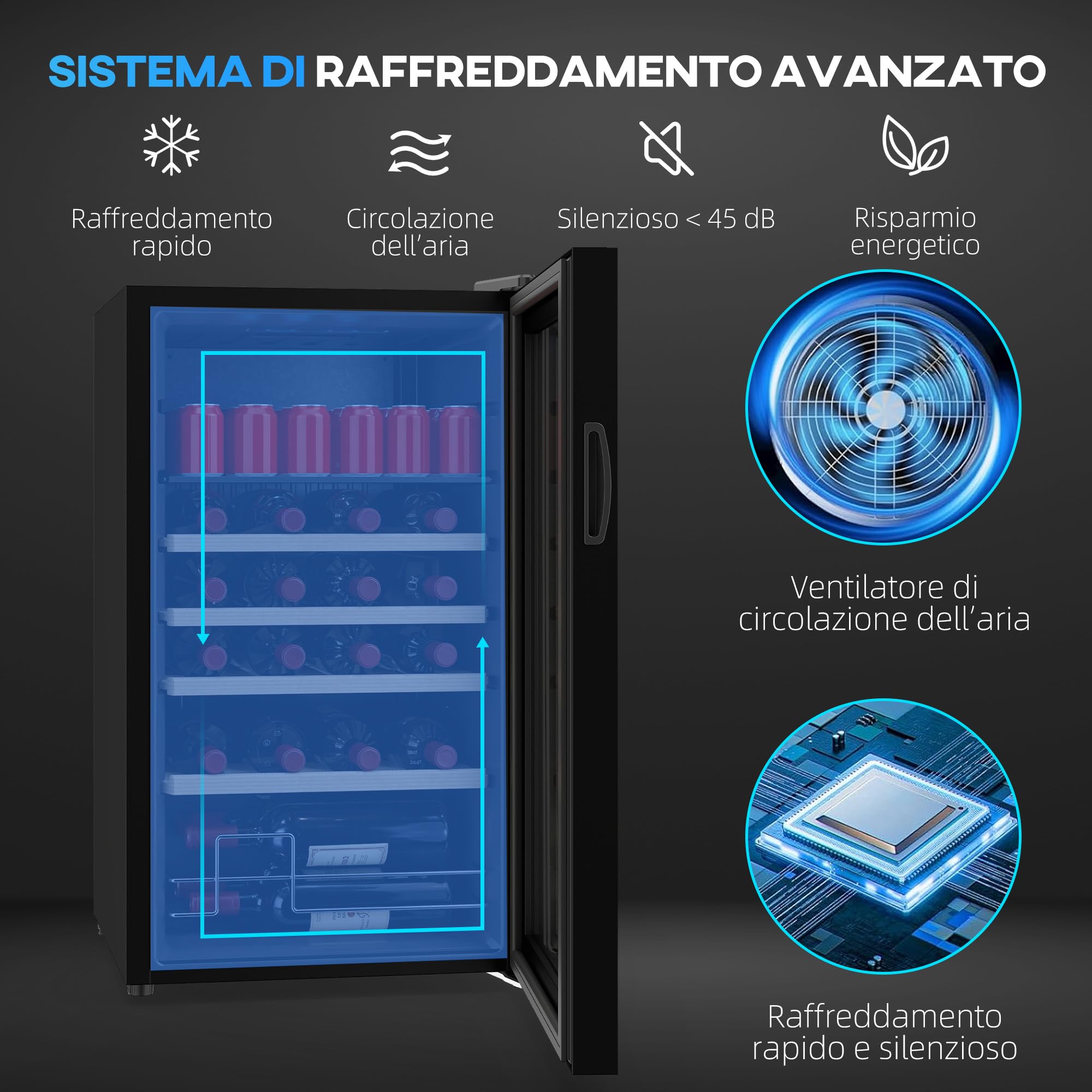 HOMCOM Cantinetta Vino Refrigerata 16 Bottiglie 63L Cantina Vino Silenziosa Temperatura Regolabile 5-18℃ Frigo Vino Bar con Vetro Anti UV, Ripiani, Compressore, Display Touch, Luci LED, Classe G