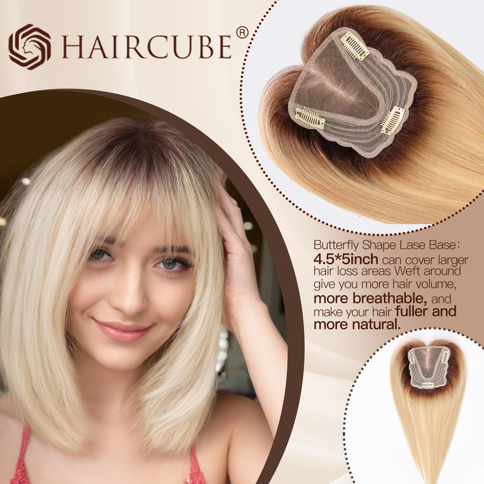 HAIRCUBE Topper do włosów dla kobiet, górne części włosów, 100% prawdziwe ludzkie włosy z grzywką, topper na ludzkie włosy ze szwajcarską koronką, ręcznie wiązane włosy do rzednących/cienkich włosów