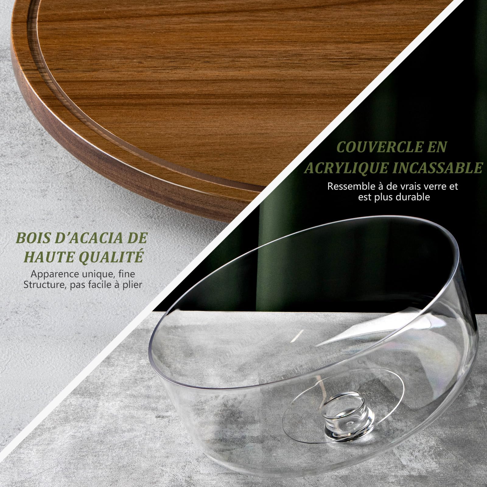 ANBOXIT Presentoir a Gateau Sur Pied, Support Gâteau en Bois d’ Acacia, Cloche à Gâteau en Acrylique, Présentoir à Gâteau avec Dôme - Tournant