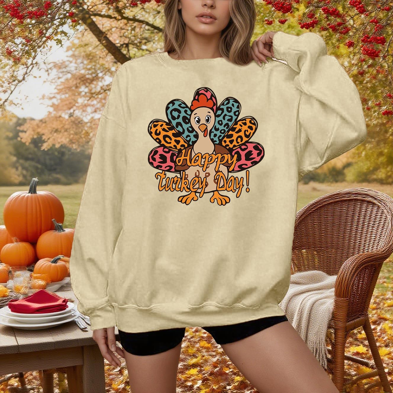 Thanksgiving Sweatshirts for Women Long Sleeve Oversized Funny Turkey Day Shirts Gobble Til You Wobble Shirt - Image 2