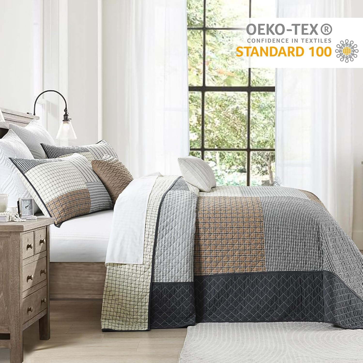 Finlonte Oversized Queen Bedspread 102"x120" - 100% Cotton Lightweight Quilted Bedspreads Patchwork Coverlet Set, Farmhouse Bedding Plaid Oversized Queen Quilt with 2 Pillow Shams, Brown/Gray/Beige - Image 3