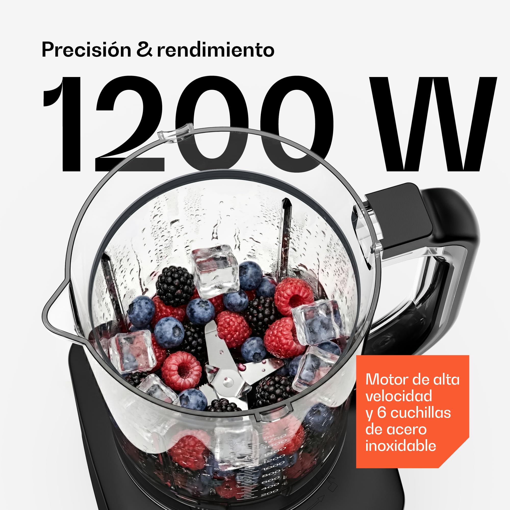Klarstein Robot de cocina, Velaire con batidora – Robot de cocina multifunción de 1200 W, recipiente de 2 l, batidora de 1,75 l, 6 programas y velocidades, accesorios de exprimidor y picadora de carne