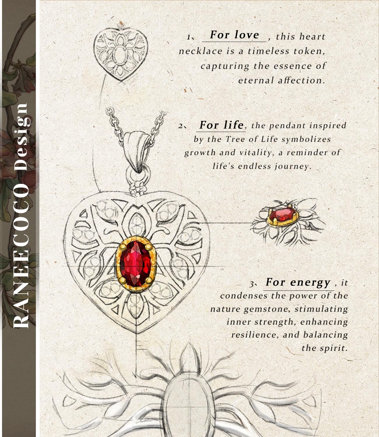 Raneecoco Natural Gemstone Necklace for Women 18K Gold Plated Sterling Silver Two-Tone Tree of Life & Love Heart Pendant Jewelry | Dainty Birthstone Gift For Her Mother Wife - Image 7