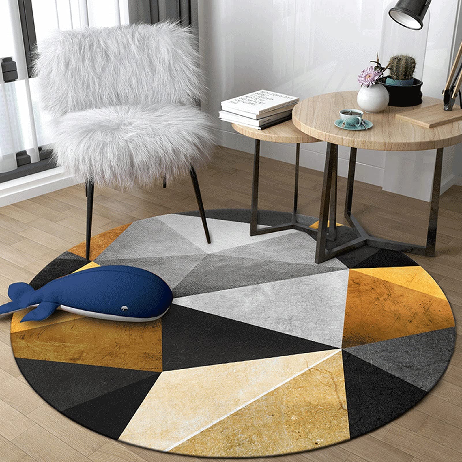 ZZBBZZ-YJ Yellow Grey and Black Round Area Rugs Large, Geometry Pattern Circular Carpet Washable Indoor Floor Area Mat for Living room Bedroom Playroom (Size : Diameter 140cm/4.6ft)