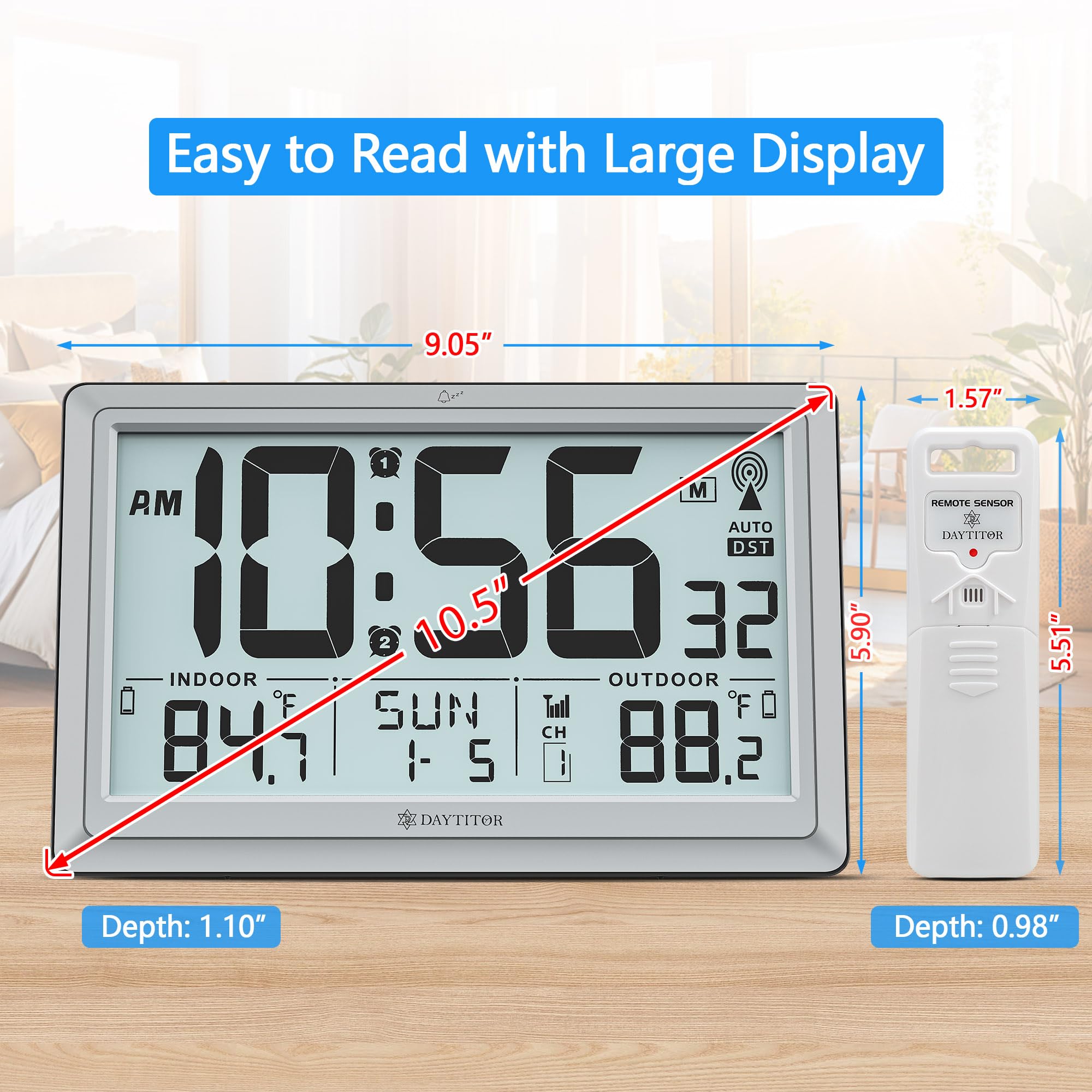 Orologio atomico con temperatura interna/esterna, orologio digitale automatico a batteria, grande display da 10,5 pollici, orologi da parete o da scrivania per camera da letto, soggiorno