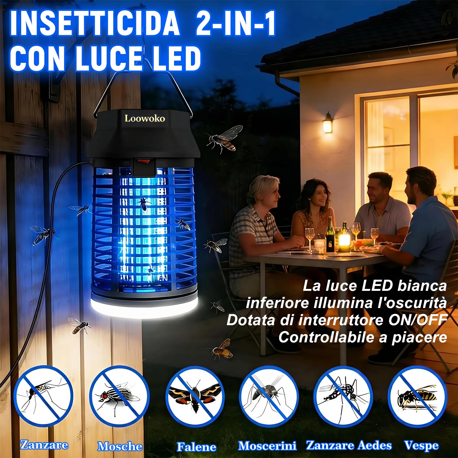 Loowoko Insetticida Elettrico Con Cavo Prolungato Da 3 m, Lampada Anti Zanzare Da 4200V Con Luce LED, Trappola Per Mosche Elettrico Impermeabile Mosquito Killer, Anti Zanzare Lampada Per Interni E