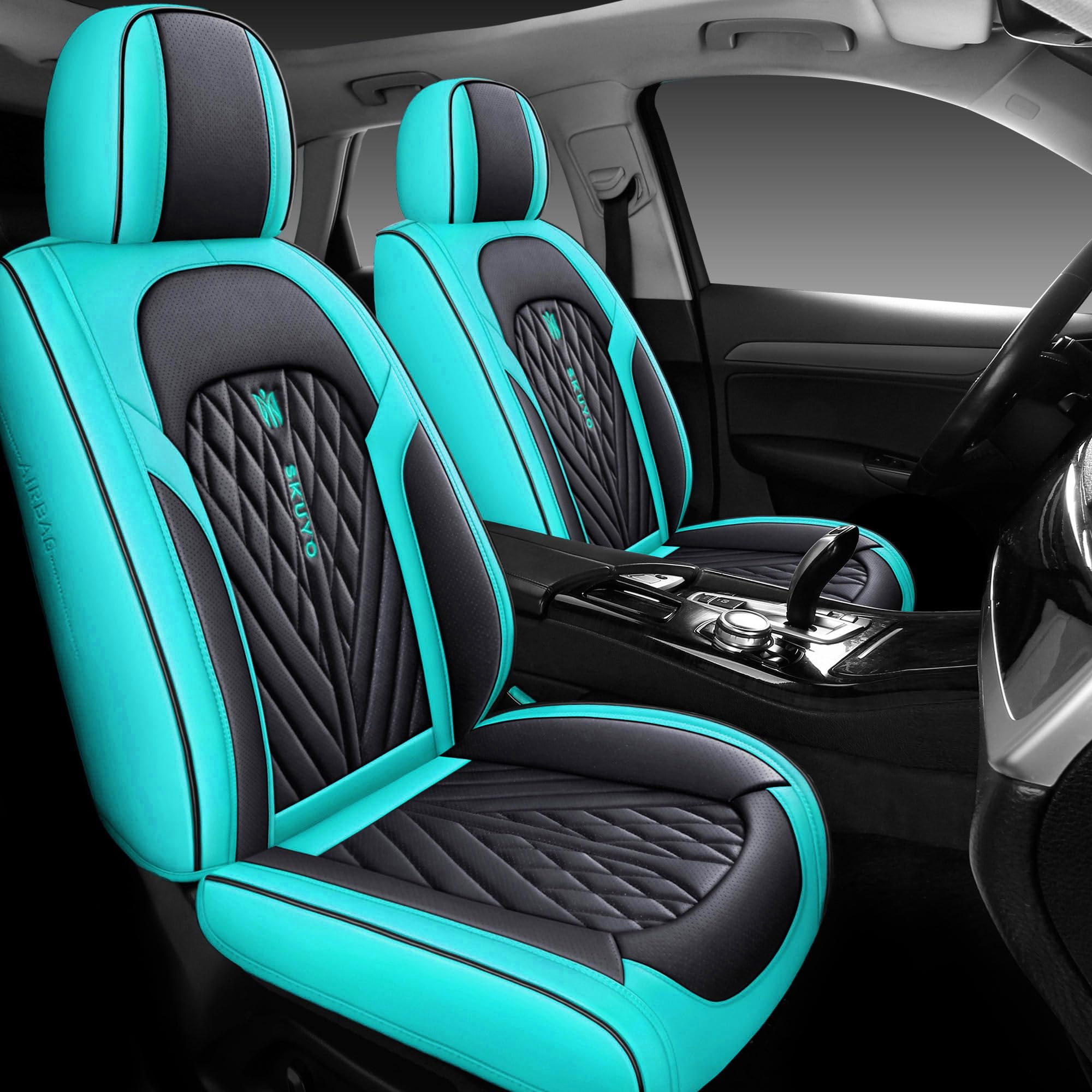 SKUYO Comfortable Leather Auto Car Seat Covers Front & Rear Seat Protector Fit Sedan SUV 5 Seats Full Set Universal Fit. (Black Green)