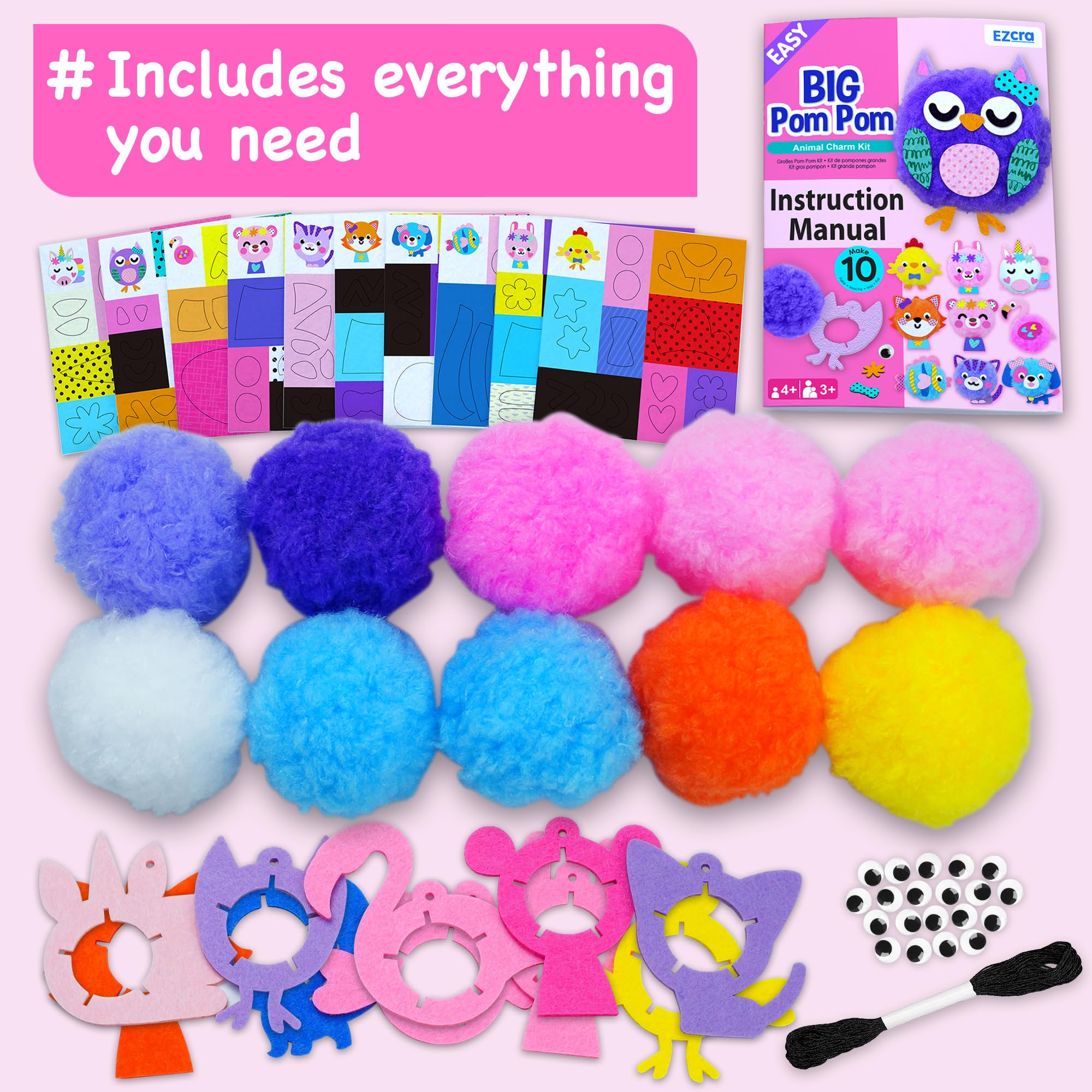 EZCRA Easy Arts and Crafts dla dzieci w wieku 3-5 lat, zestaw 10 dużych pomponów, DIY, pluszowa sztuka, rękodzieło, dla małych chłopców i dziewcząt, rękodzieło, zajęcia sensoryczne