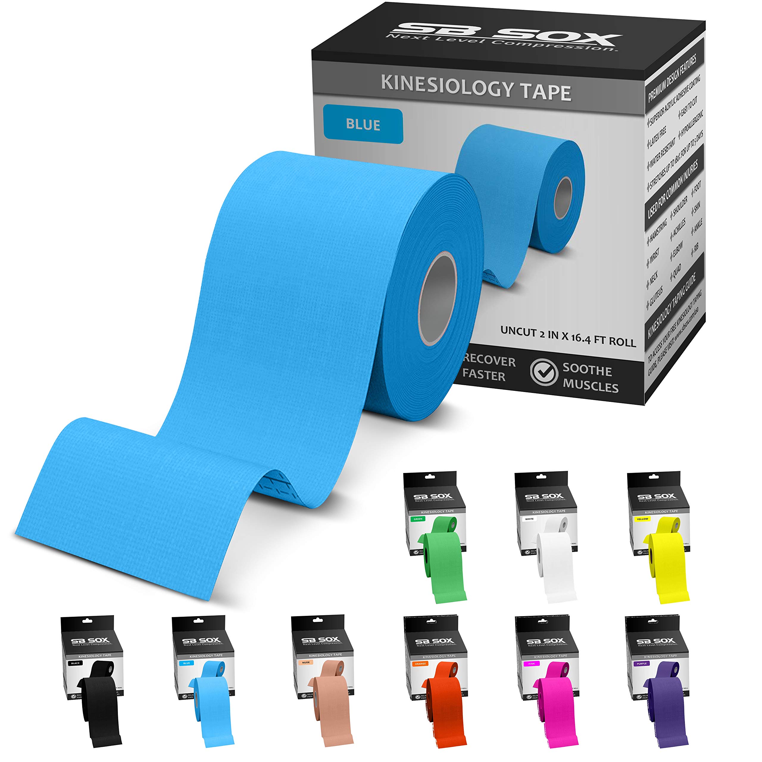 SB SOX Original Cotton Kinesiology Tape Roll – Best Latex Free Athletic Tape for Muscles/Joints – Waterproof, Stretchy, and Gentle on Skin (16ft)