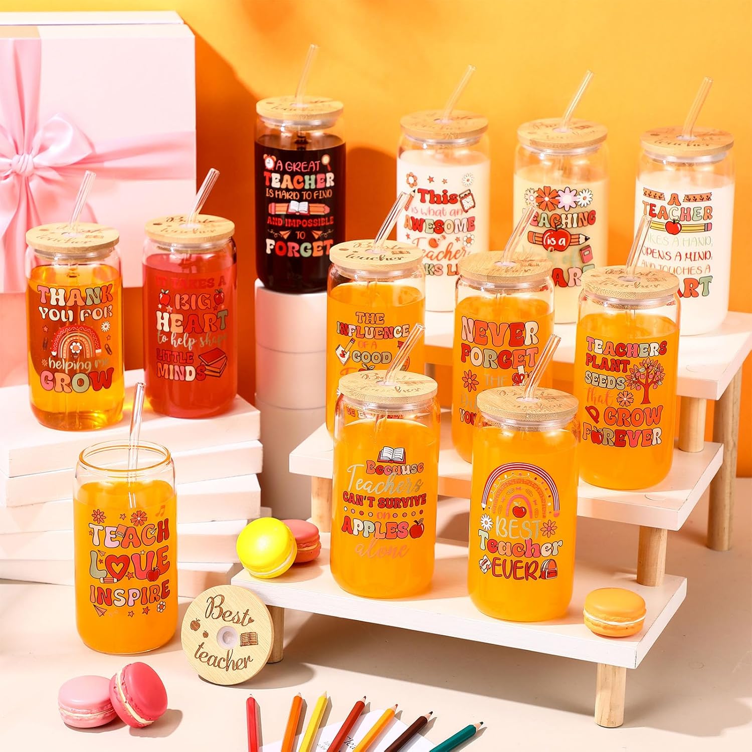 Tioncy 12 Pcs Teacher Appreciation Week Gifts Bulk 16 oz End of Year Thank You Teacher Glass Cups with Lids and Straw Inspirational Glass Drinking Tumbler Gifts for Teachers Professors Coworkers