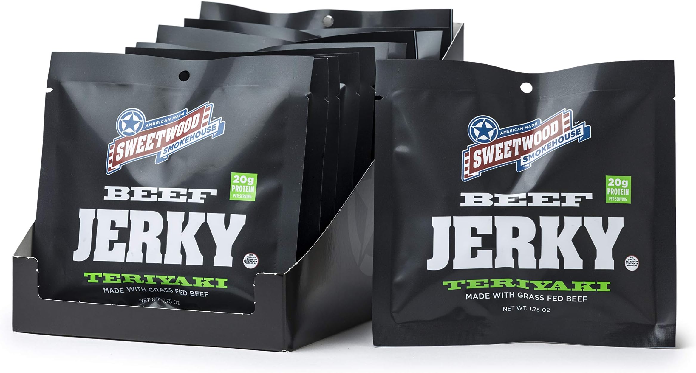 Sweetwood Smokehouse All Natural Beef Jerky | Teriyaki Flavor | 12 Pack of 1.75 oz Bags | USA Grass Fed Beef | Paleo, Gluten Free, High Protein, Slow Smoked Meat Snack | No Nitrites or Added MSG
