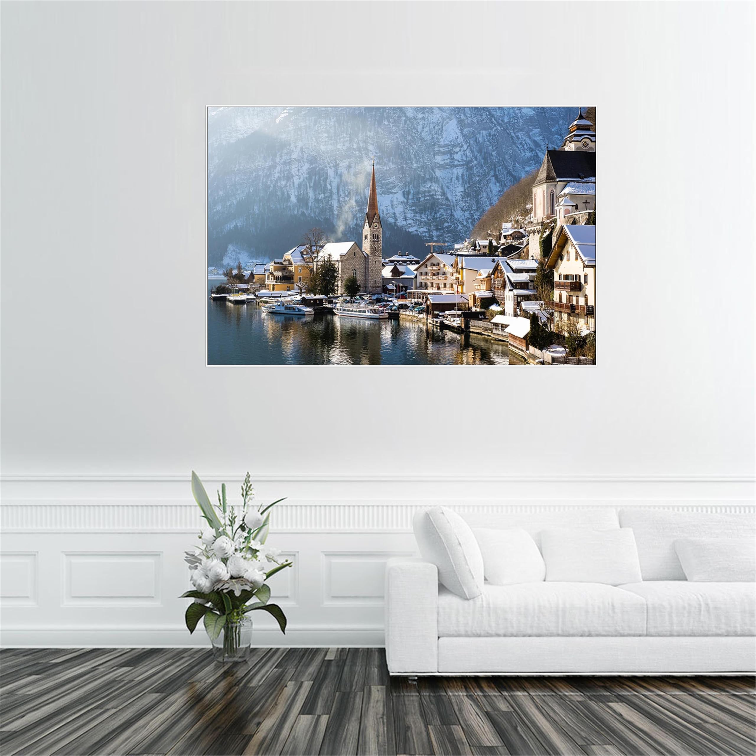 Stadt Leinwandbild Landschaftsbilder-Panorama Bild auf Leinwand-Winter Stadt Gebäude-Weiß Rahmen Wandbilder für Wohnzimmer 50x75cm-19x29in