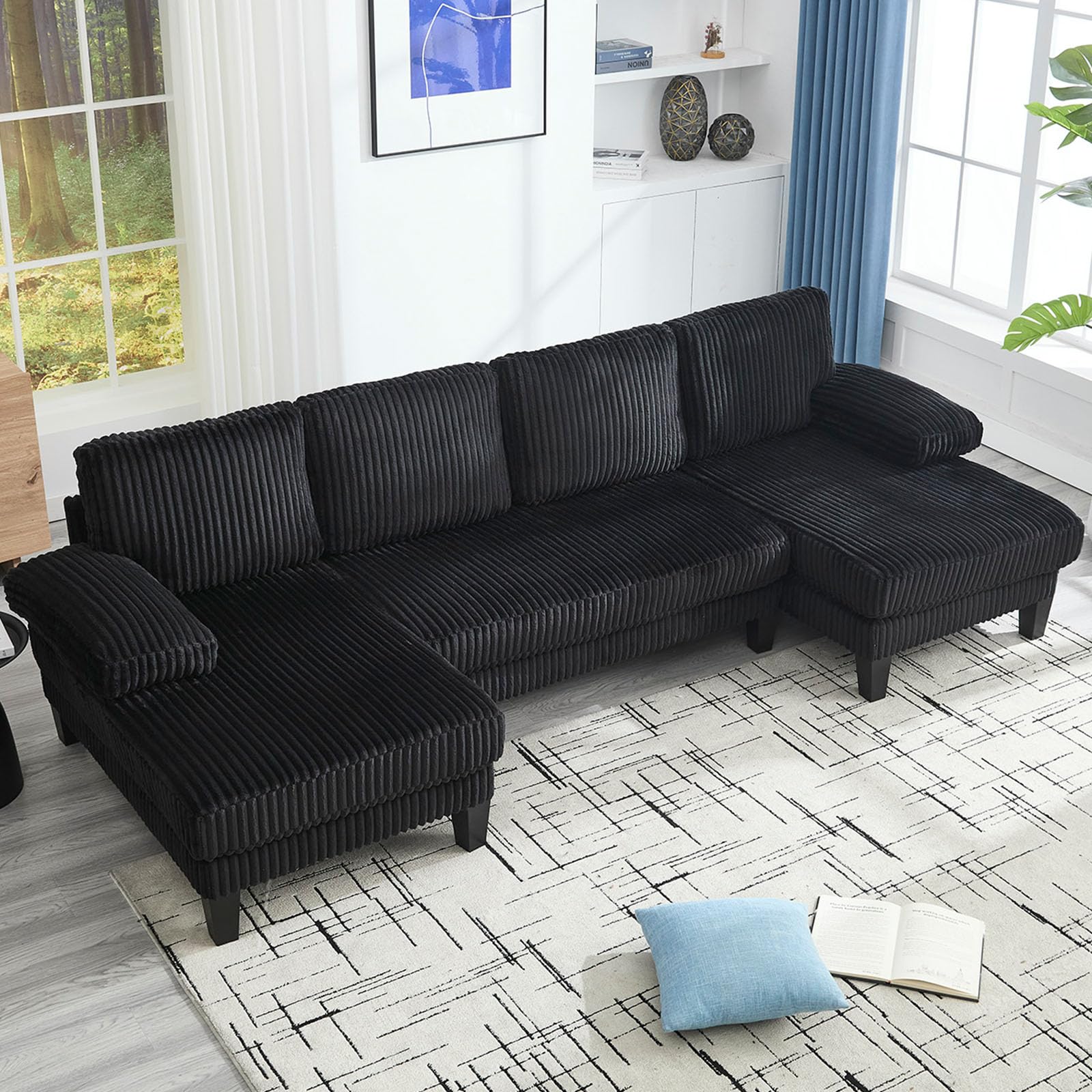 114.2” W Corduroy Sectional Sofa for Living Room, U-Shaped Couch with Double Chaises and Comfortable Backrest, Modern 4-Seater Deep Cloud Sofa (Black)