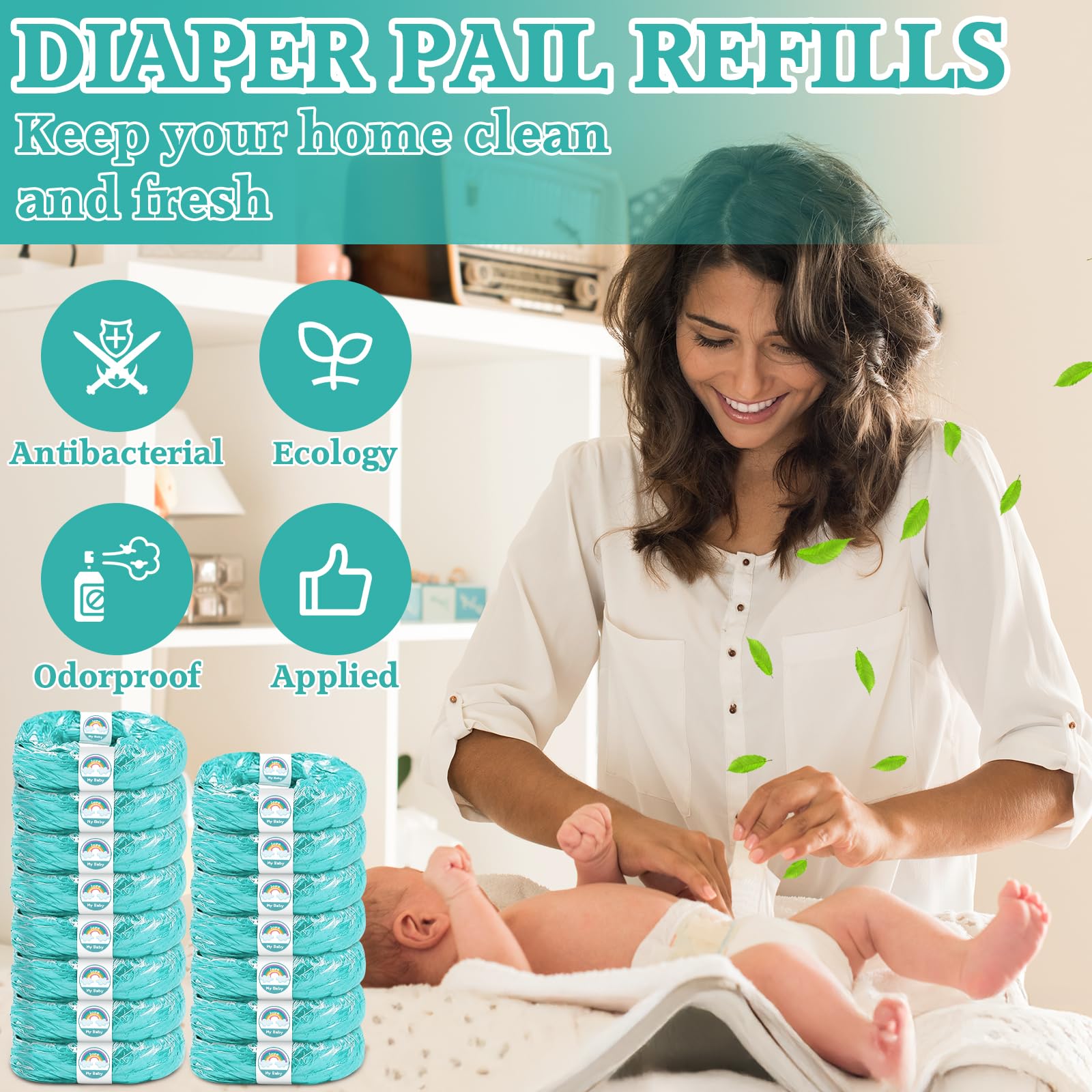 15 Piezas Recambios Cubos de Pañales, 4,5M Recambios Papelera Pañales Originales, Recambios Cubos de Pañales Compatible con Todos Contenedores de Pañales, Antiodor