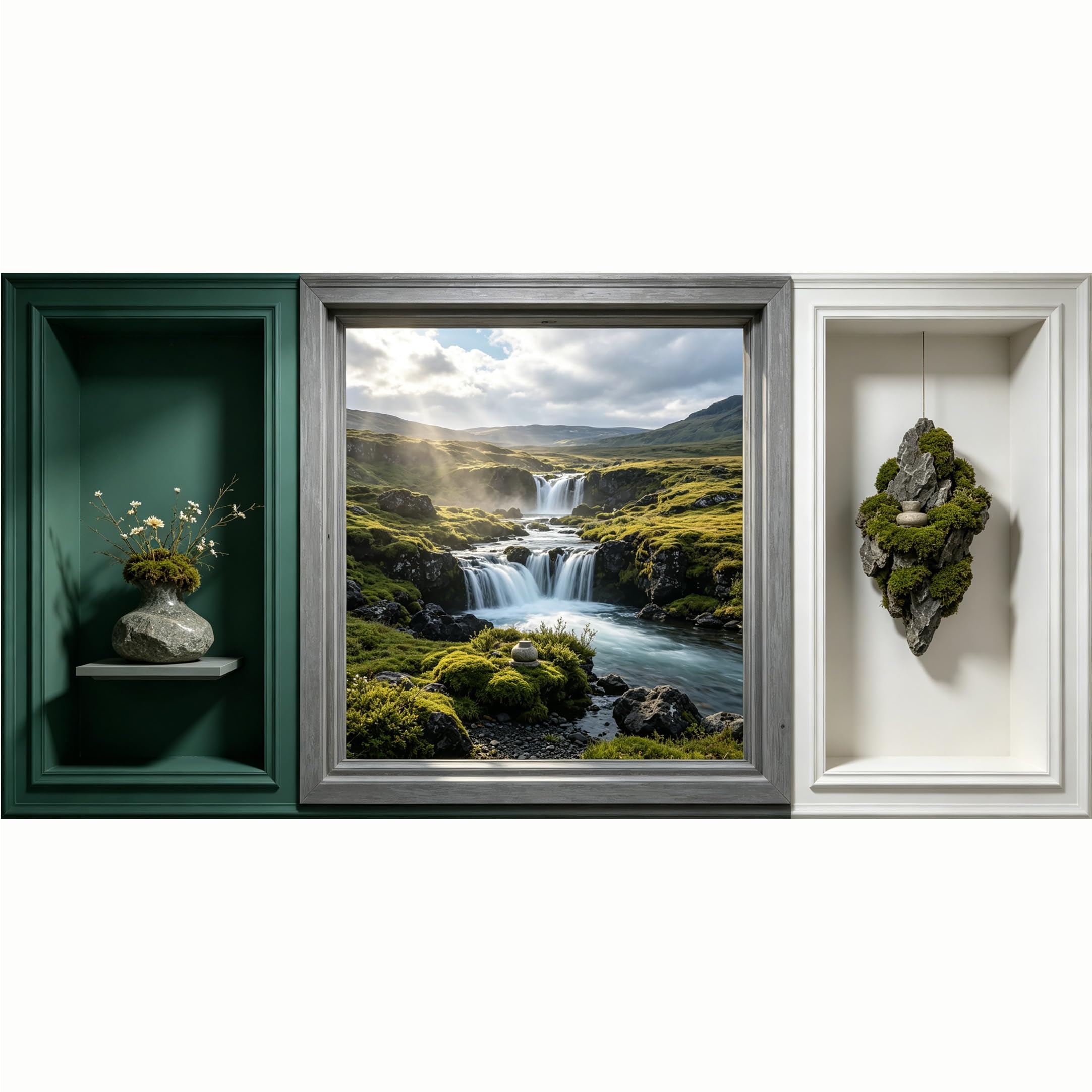 QZLITHOTIC 50x100cm 3D Framed Wall Art， Mountain Lake Waterfall Scenic Landscape Self‑Adhesive Mural， Water‑Activated Peel & Stick Fabric Decor Wall Decal for Bedroom Living Room