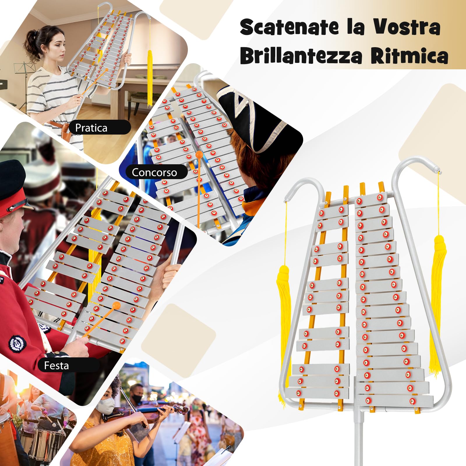 GYMAX Glockenspiel da Marcia, Liuto a 29 Note per Banda con Tasti in Alluminio, Lunghezza Regolabile, Cintura da Vita, 2 Bacchette, Nappine, Kit di Strumenti a Percussione per Parate e Pratica