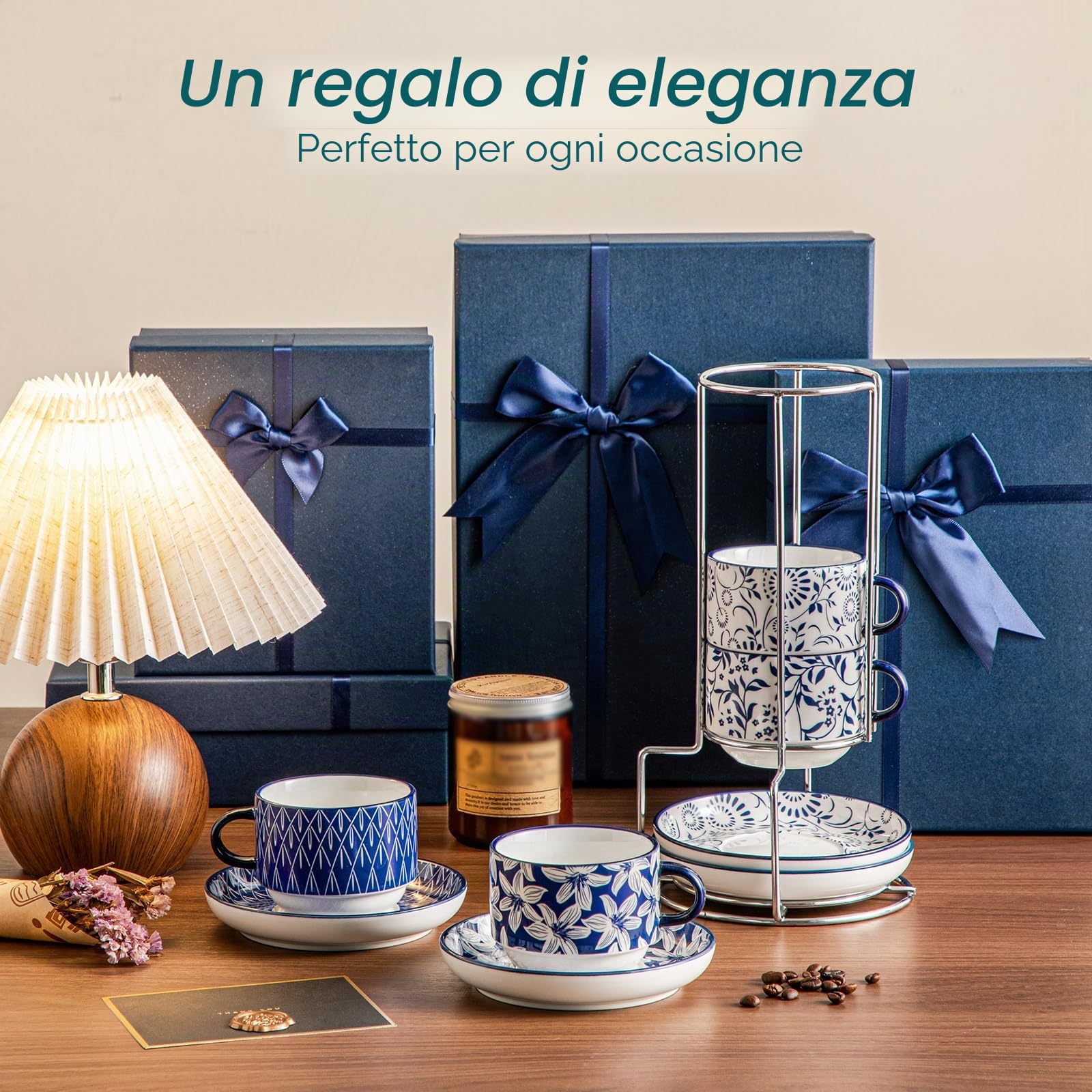 vancasso SELENE - Tazze da Caffè e Cappuccino con Piattino y Porta - 4 x 270 ml - Tazze da Colazione in Porcellana per Latte e Tè, Adatto a Lavastoviglie e Microonde - Vintage in Blu e Bianco