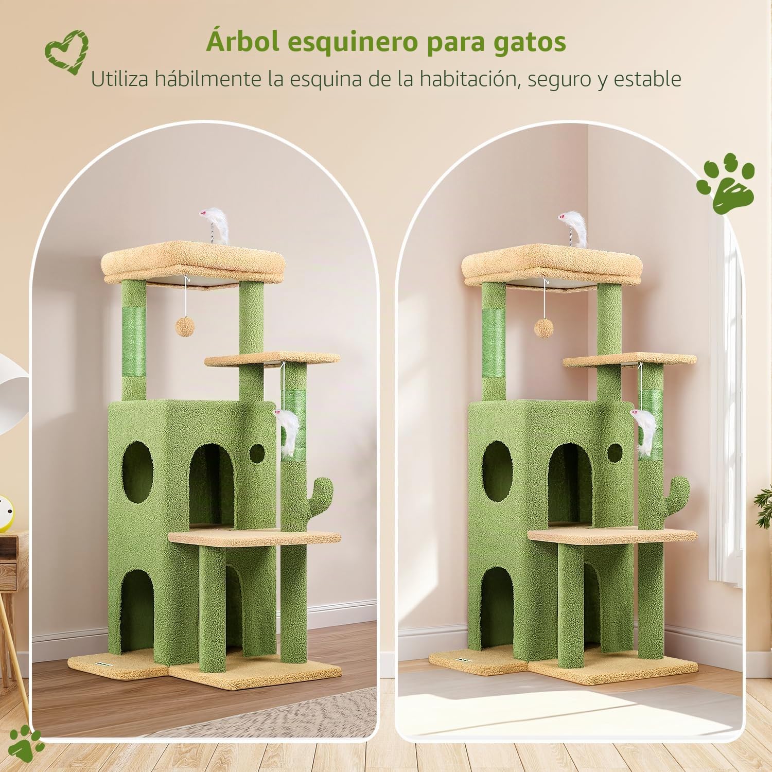 Globlazer Árbol Rascador Cactus Verde con 2 Nidos, Plataformas Acolchada, Felpa Gatos Juquetes, Estable Rascador Fácil de Escalar Grande Gato Viejo Gatitos Descansar Jugar Interior (FC50, Verde)