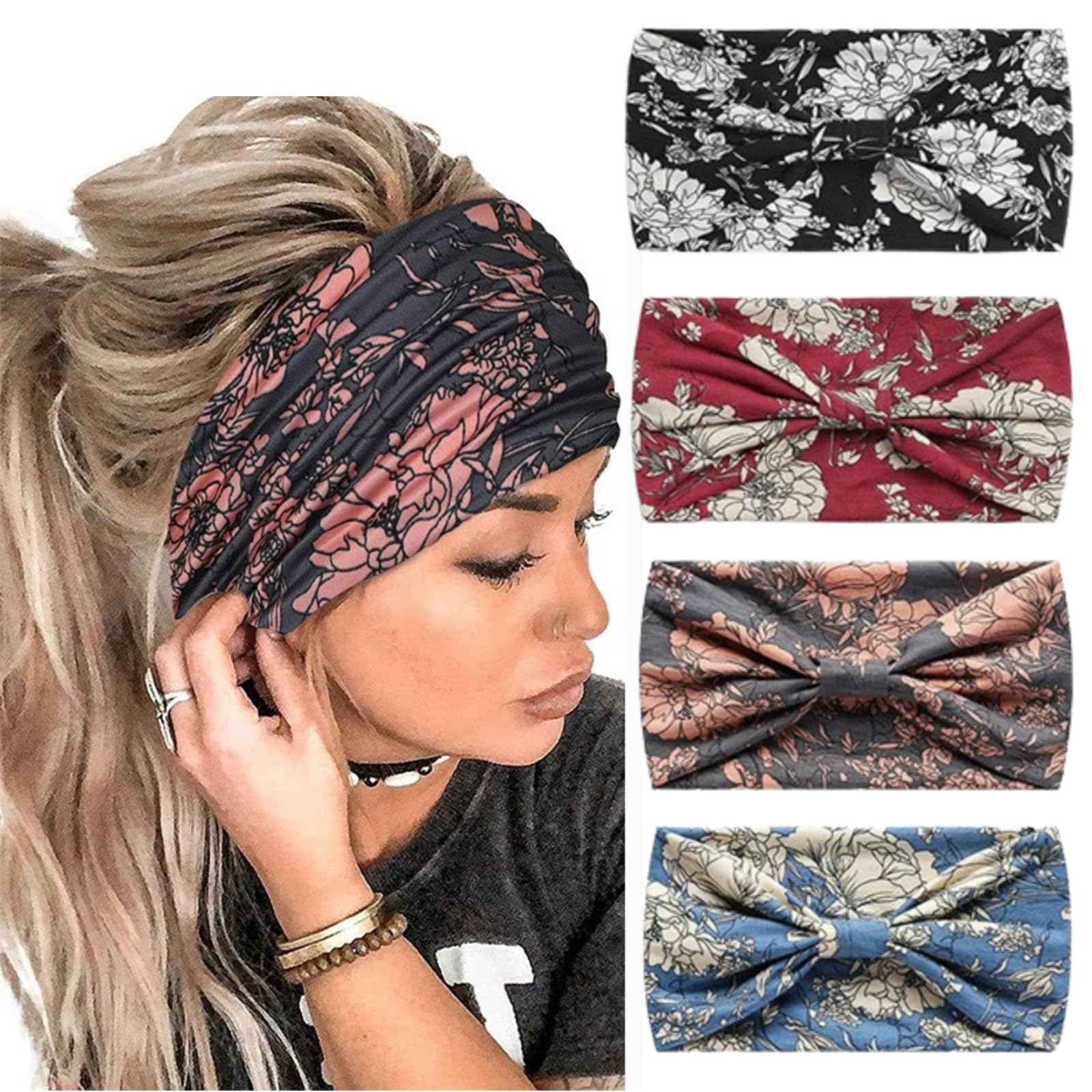 DOUSHI 4Pcs Boho Wide Headbands, Stretch No Slip Hair Wraps, Sports Headband for Yoga Jogging Gym Running (Black,Red,Pink,Blue)-image-34