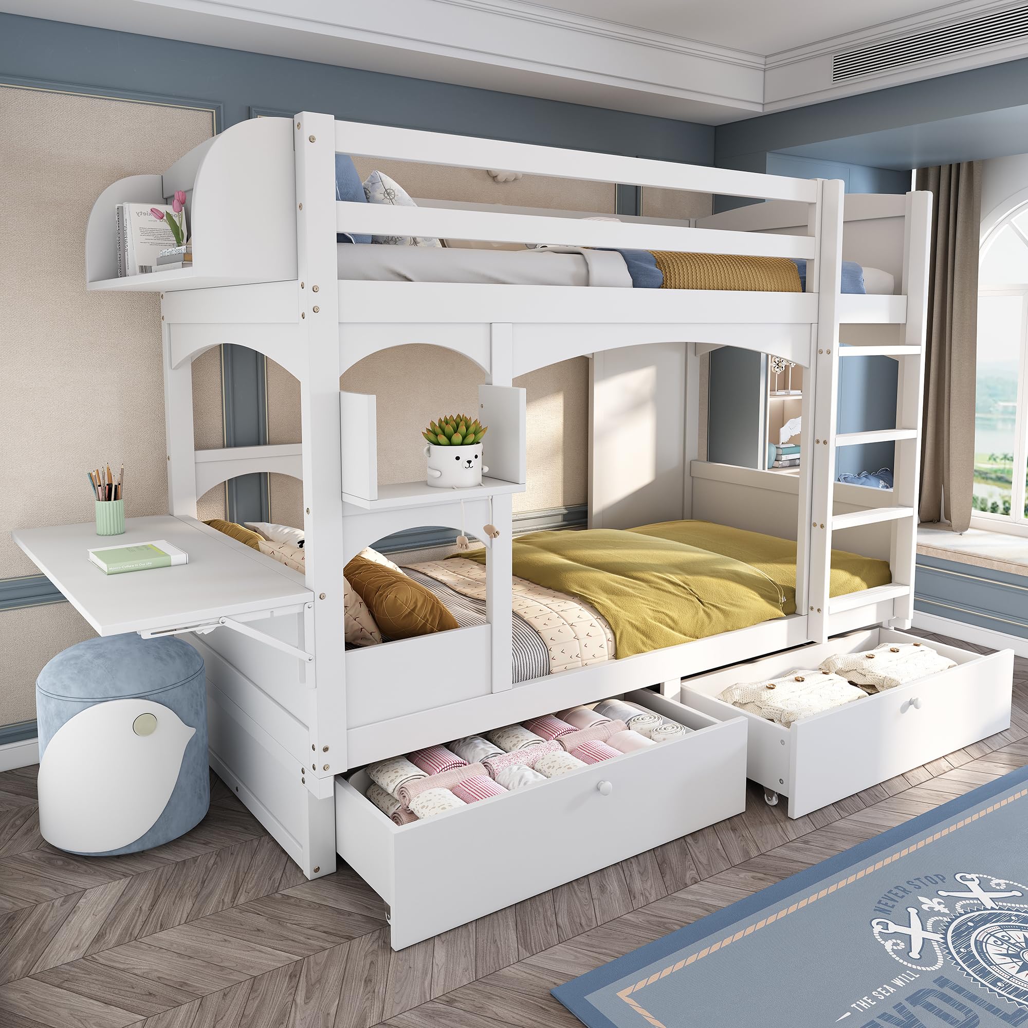 Kinderbett Etagenbett 90x200, Hochbett für 2 Kinder, Hausbett mit 2 Schubladen&klappbarem Schreibtisch&Regal&Leiter, Doppelbett Holzbett mit Lattenrost&Rausfallschutz, Massivholz, Ohne Matratze, Weiß