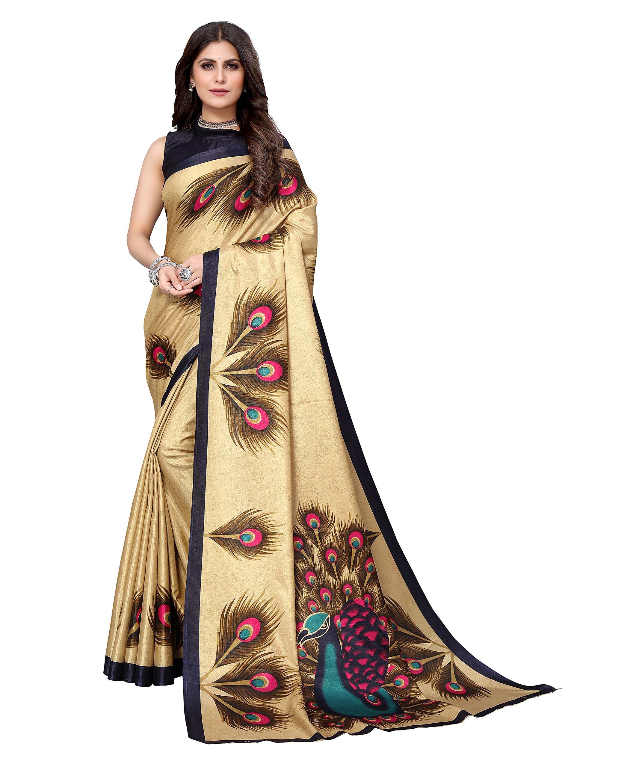yashika Women's Plain Printed Art Silk Saree (Golden PEACOCK01-picture-43