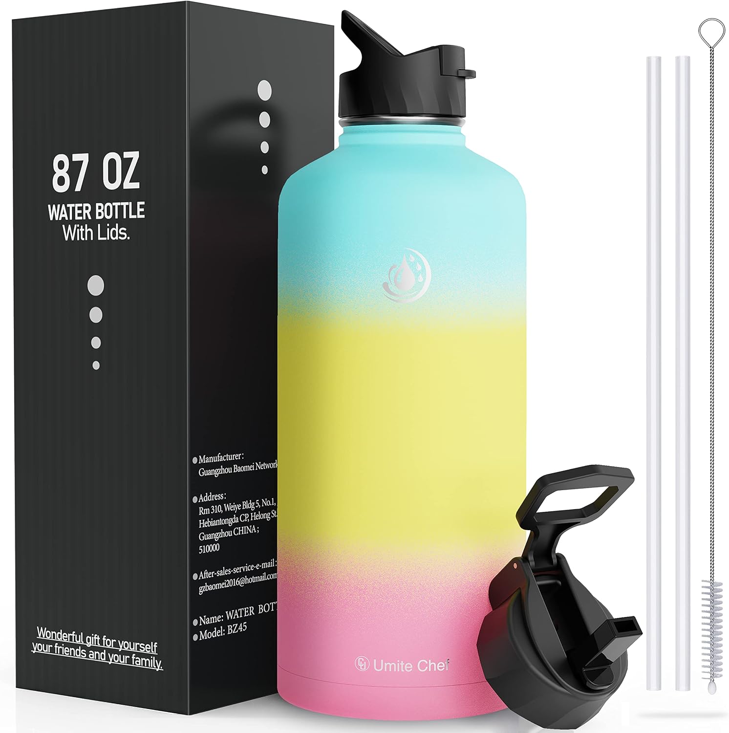 Umite Chef 87 OZ Vacuum Sport Insulated Water Bottle, Sweat Proof Thermos Mug, Wide Mouth Water Flask with 2 Leak Proof Lids, Hot Cold, Double Walled Jug for Sports, Outdoor (Unicorn)