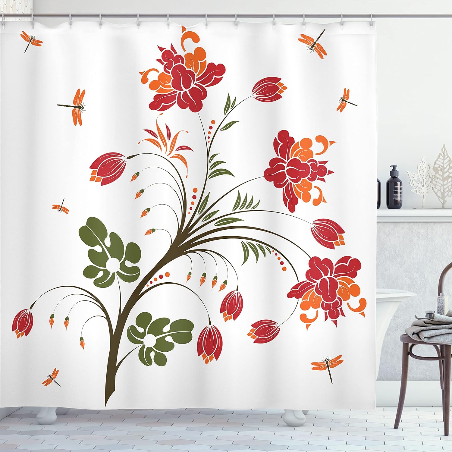 Ambesonne Dragonfly Shower Curtain, Flourishing Vivid Blossom Illustration Little Dragonflies Habitat Image, Cloth Fabric Bathroom Decor Set with Hooks, 69" W x 84" L, Olive Green