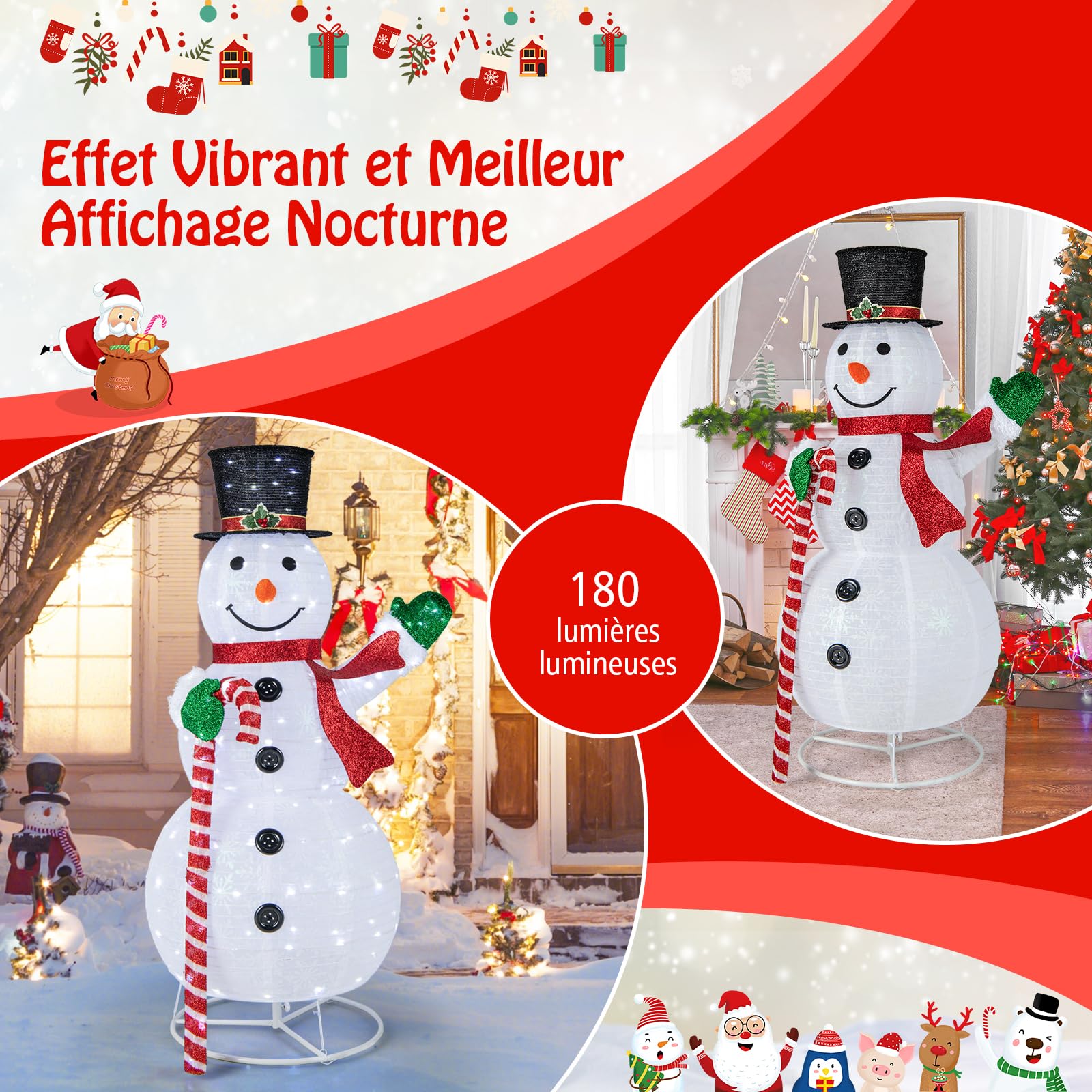 Dubbele verlichte staande lamp 66 LED (H188 cm) Magisch Kerst Rood - Kerstverlichting