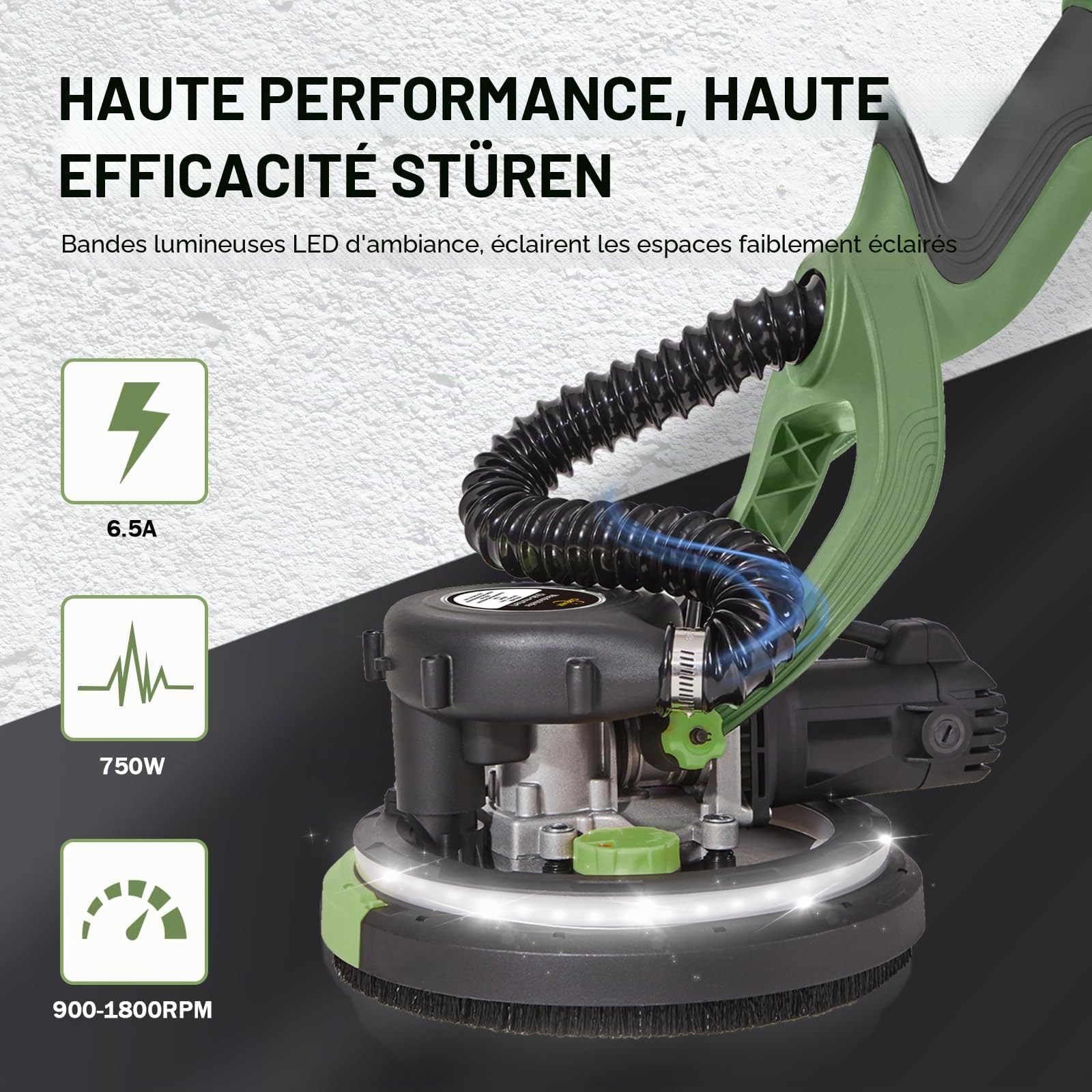 Ponceuse pour cloisons sèches, ponceuse murale 750 W avec système de vide automatique et girafe de ponçage Ø 214 mm avec sac d'aspiration, lumière LED, boîte de vitesses à 7 vitesses, meuleuse de