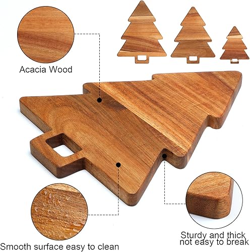 Miniatura 7 de Juego de 3 tablas de cortar de cocina de Navidad con asas, accesorios de cocina de acacia orgánica, tabla de cortar en forma de árbol de Navidad,