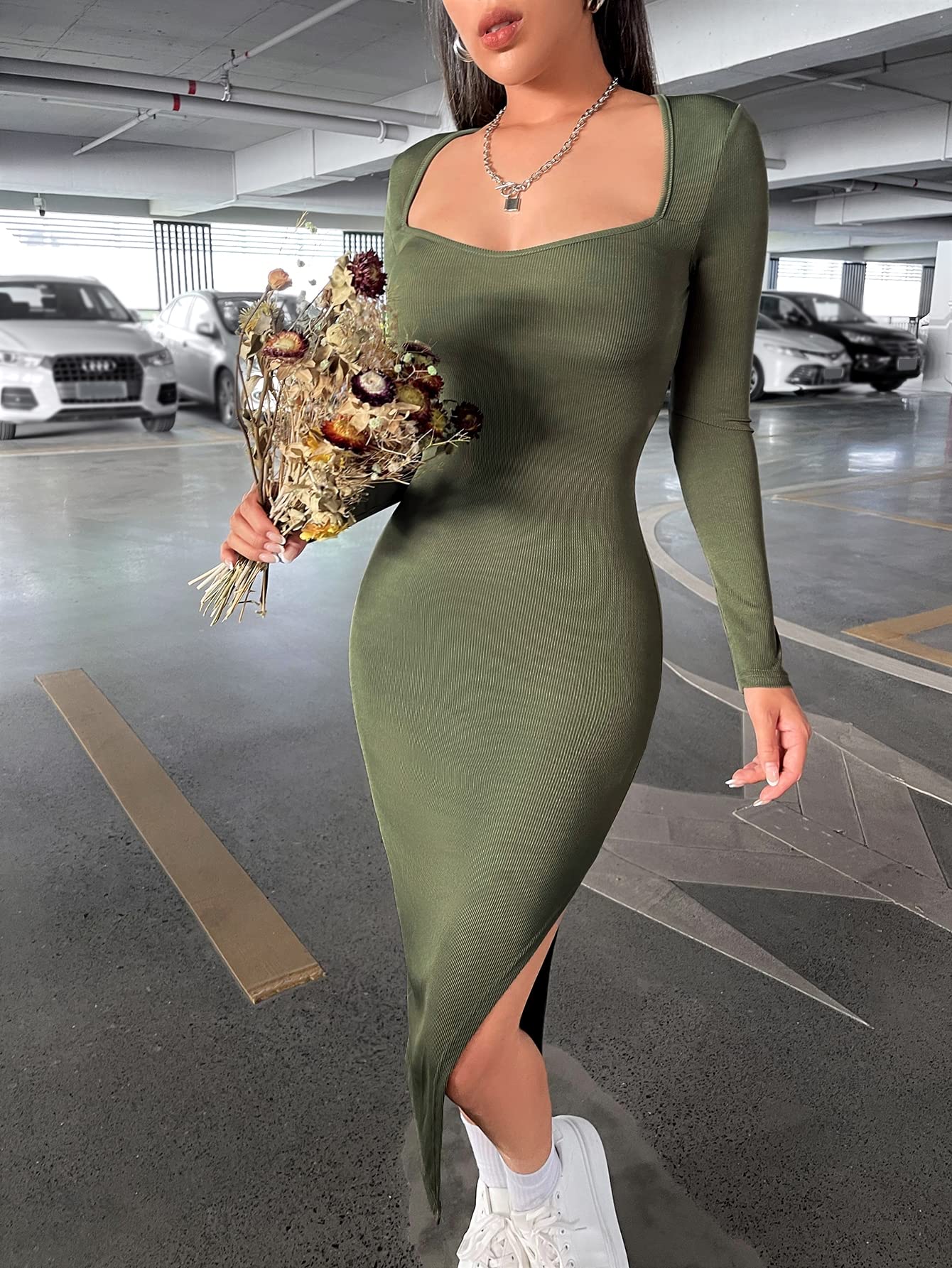 Amazon.com: Women's Dresses Square Neck Split Thigh Bodycon Dress Dress for  Women (Color : Army Green, Size : Medium) : Clothing, Shoes & Jewelry