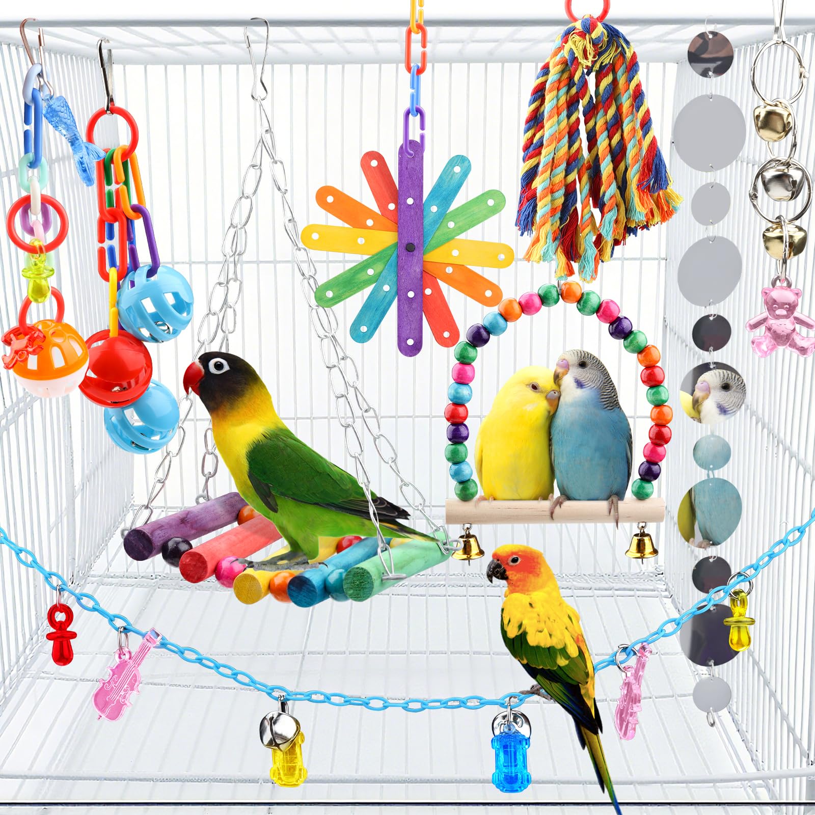 9 Pcs Parakeet Cockatiel Bird Toys, Parrots Cage Accessories Swing Rope Hanging Wooden Perch Chewing Toy for Budgerigar, Parrot, Cockatiel