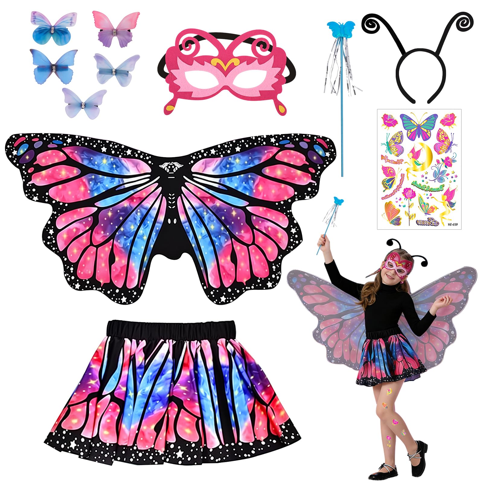 Disfraz Mariposa Niña, Alas Mariposa Disfraz con Máscara y Diadema, Suave y Transpirable, Capa de Alas para Navidad Carnaval Fiesta Pascua Cosplay — view 9