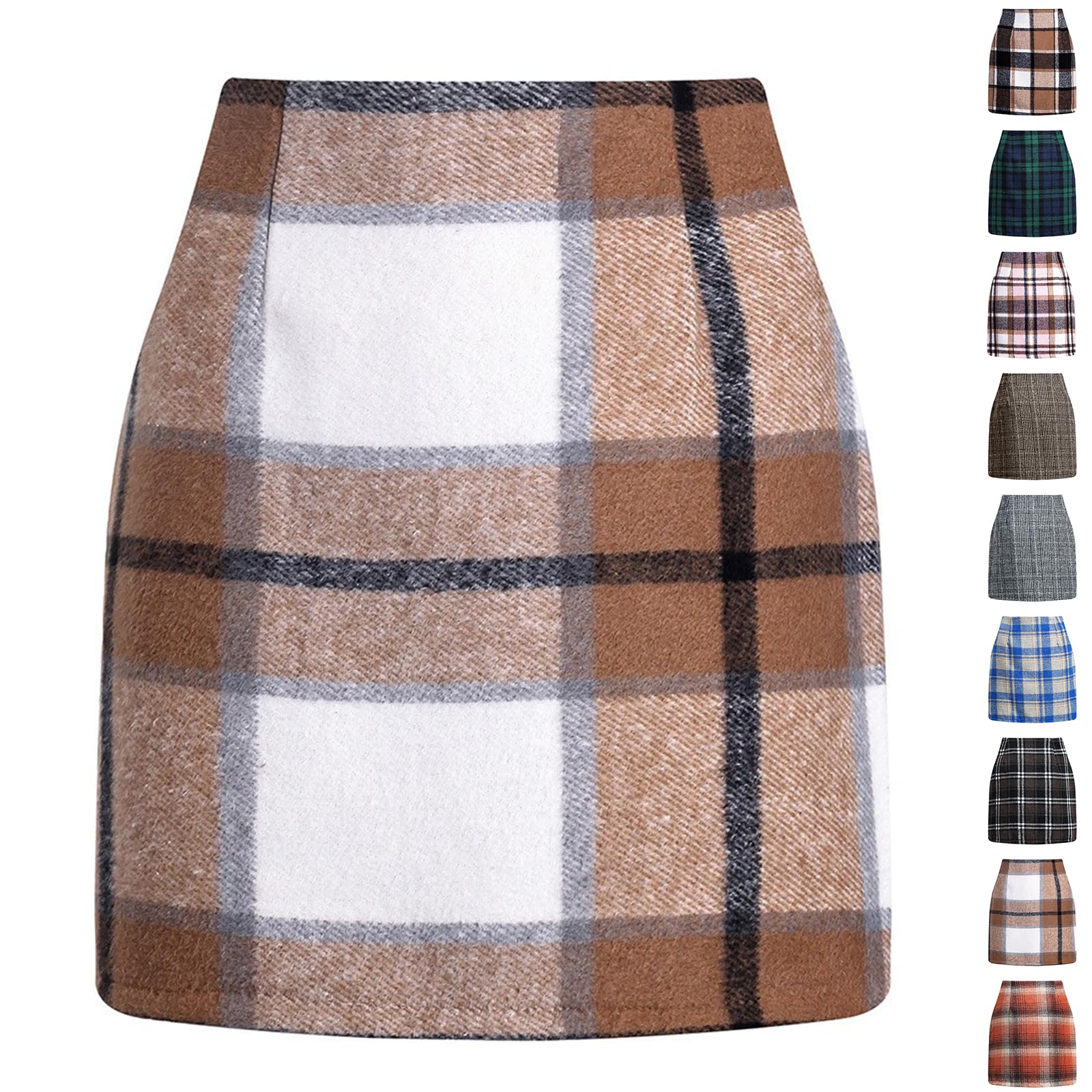 Brand Women's Fall Plaid High Waist Bodycon Pencil Wool Mini Skirts - Thanksgiving & Winter Outfit - Corduroy & Pleated Plaid Skirts