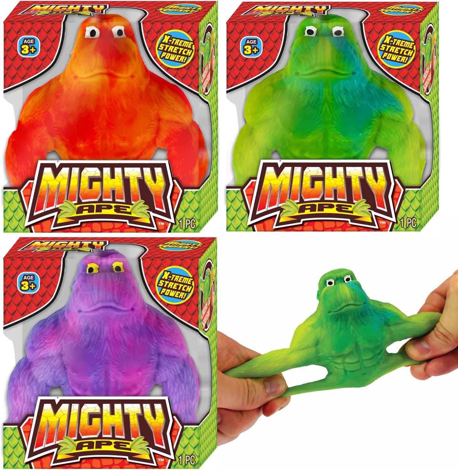 JA-RU Mighty Ape Squishy Toy (Pack of 3). Extreme Stretch Power. Crush & Squish Gorilla. Squishy, Squeezable, Stress Relief, Fidget, Party Favor, Classroom Prize. Assorted Colors 5651-3
