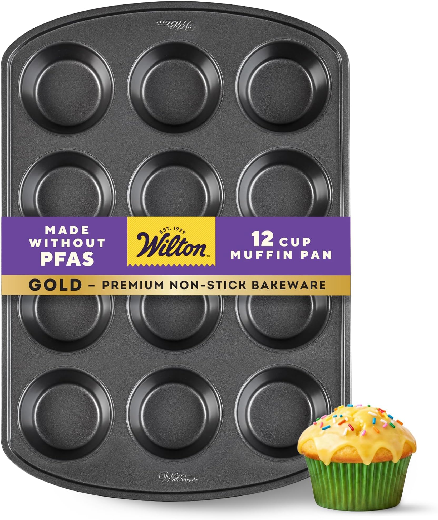 Wilton Gold Non-Stick Bakeware Muffin Pan-Baking Pan for Muffins &amp; Cupcakes-Made Without PFAS,Dent Resistant&amp;Dishwasher Friendly-Offers Even Heat Distribution-10.5 x 15 x 2 Inches, 12 Cup (Pack of 6)
