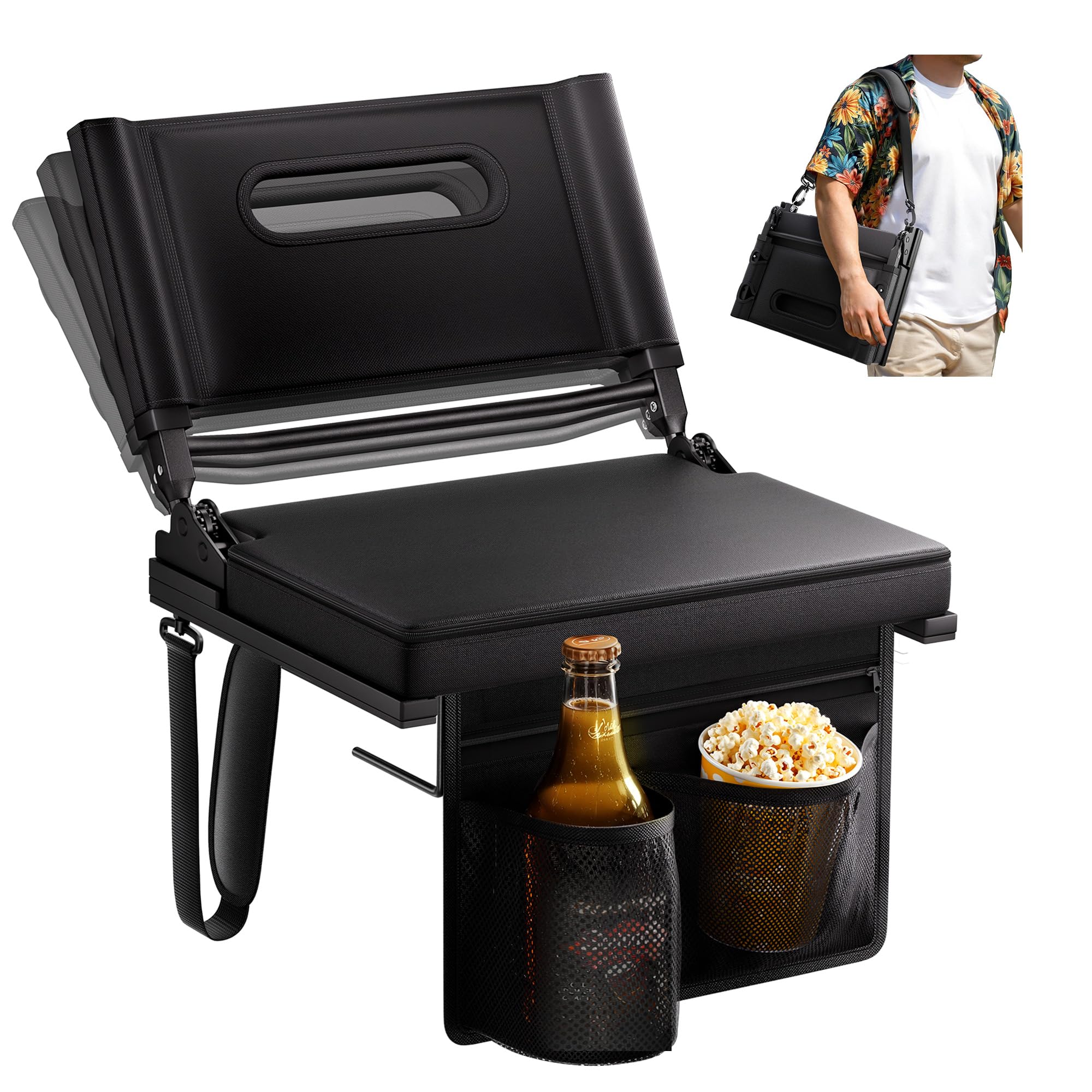 Photo 1 of Stadium Seats with Back Support for Bleacher, Portable 5-Angle and Adjustable Height Thick Cushion Seat with Cup Holder Storage Bag, Includes Shoulder Strap, Used for Sports Events and Concerts