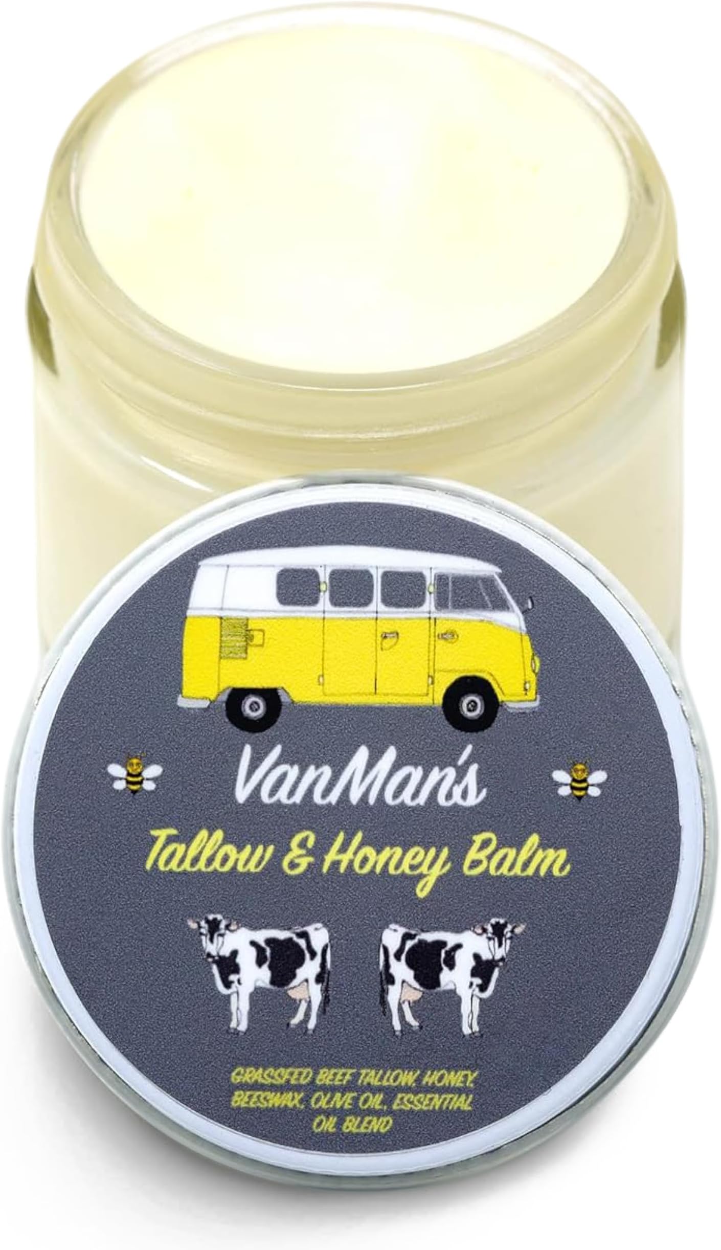 Vanman's Honey Balm (2 oz) - Grass Fed Beef Tallow & Honey Balm with Vitamins A, K, D, E & Essential Oils - Moisturiser Creates Soft, Smooth Skin