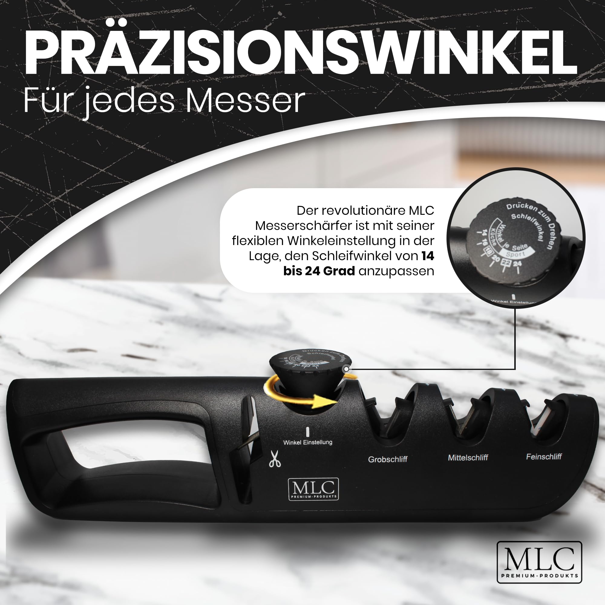 MLC Messerschärfer der 4-in-1 – Messerschleifer mit einstellbarem Winkel für Messer & Scheren, zuhause einfach Messer schärfen und schleifen, manueller Schleifstein/Wetzstahl ersatz