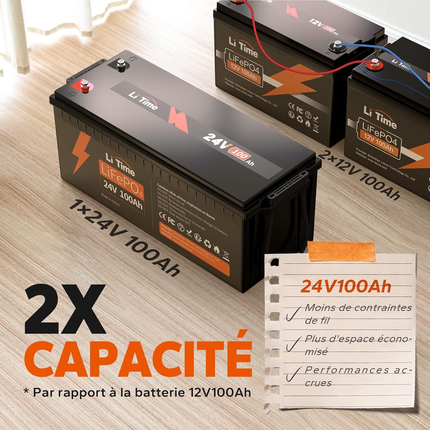 LiTime Batterie Lithium 24V 100Ah Décharge Profonde pour Panneau Solaire
