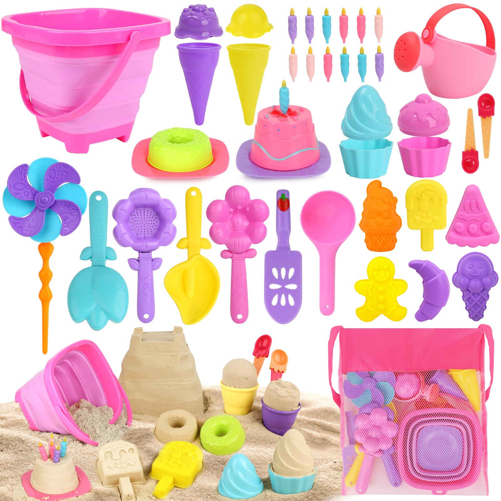 Collapsible Beach Toys Set for Kids 3-10, Collapsible Sand Bucket Shovels Set with Mesh Bag and Beach Molds, Ice Cream Sand Toys for Beach, Sandbox Travel Toys for Kids Toddlers Girls