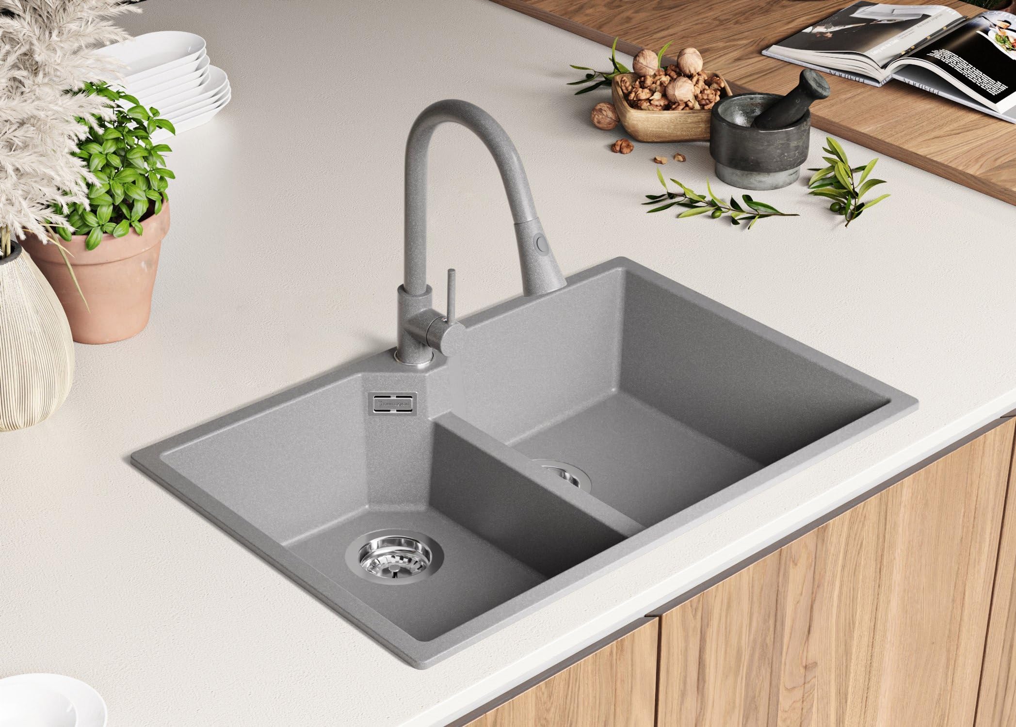 PRIMAGRAN Fregadero Cocina Todo Gris 78x50cm, Granito 2 Senos + Sifón, Sobre Encimera al Mueble 80cm - Madrid Twin S008
