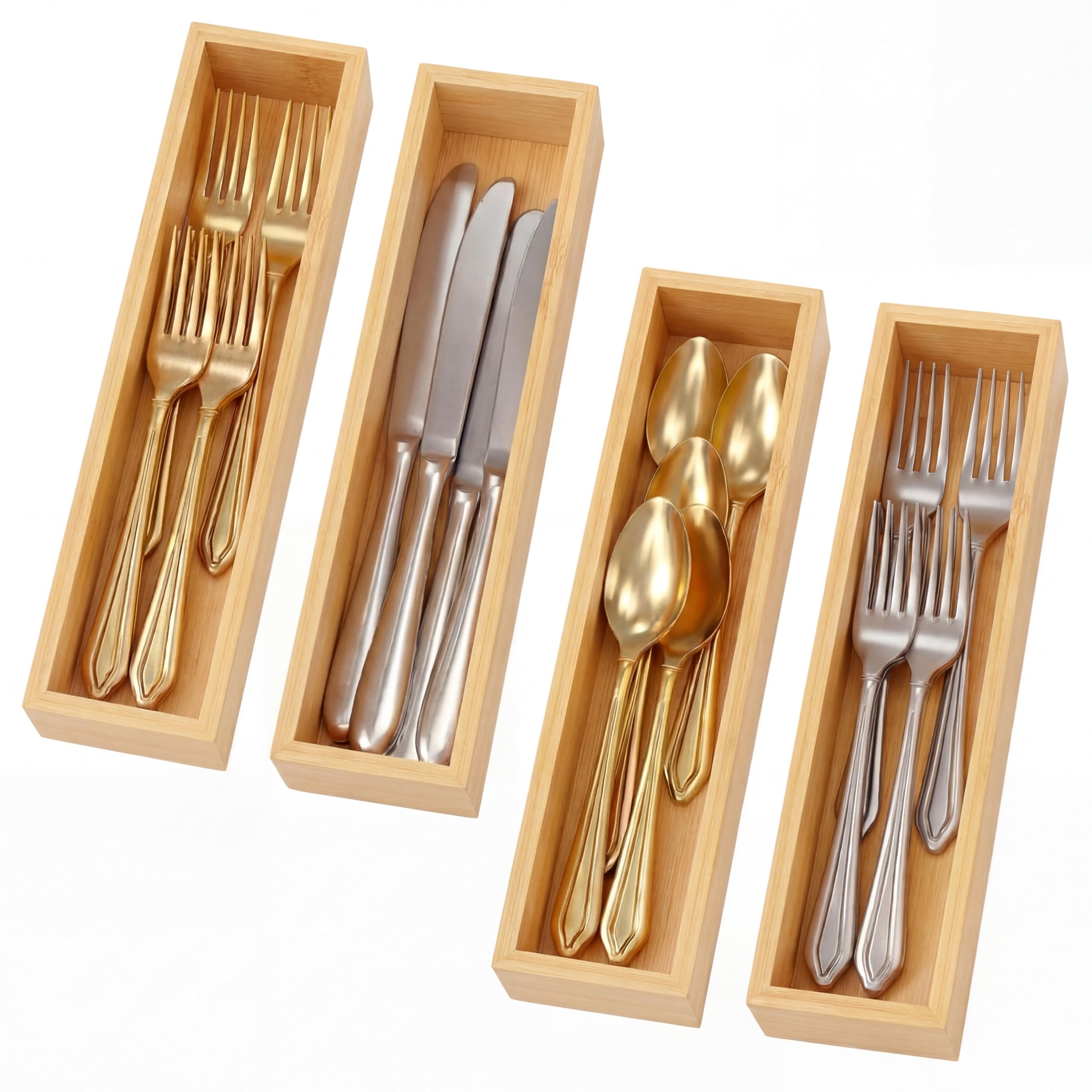 Photo 1 of Ferrochef 4 Pcs Bamboo Drawer Organizer Stackable Utensil Organizer for Kitchen Bamboo Storage Box Wood Silverware Tray for Drawer, Dresser, Bathroom 12" x 3" x 2"