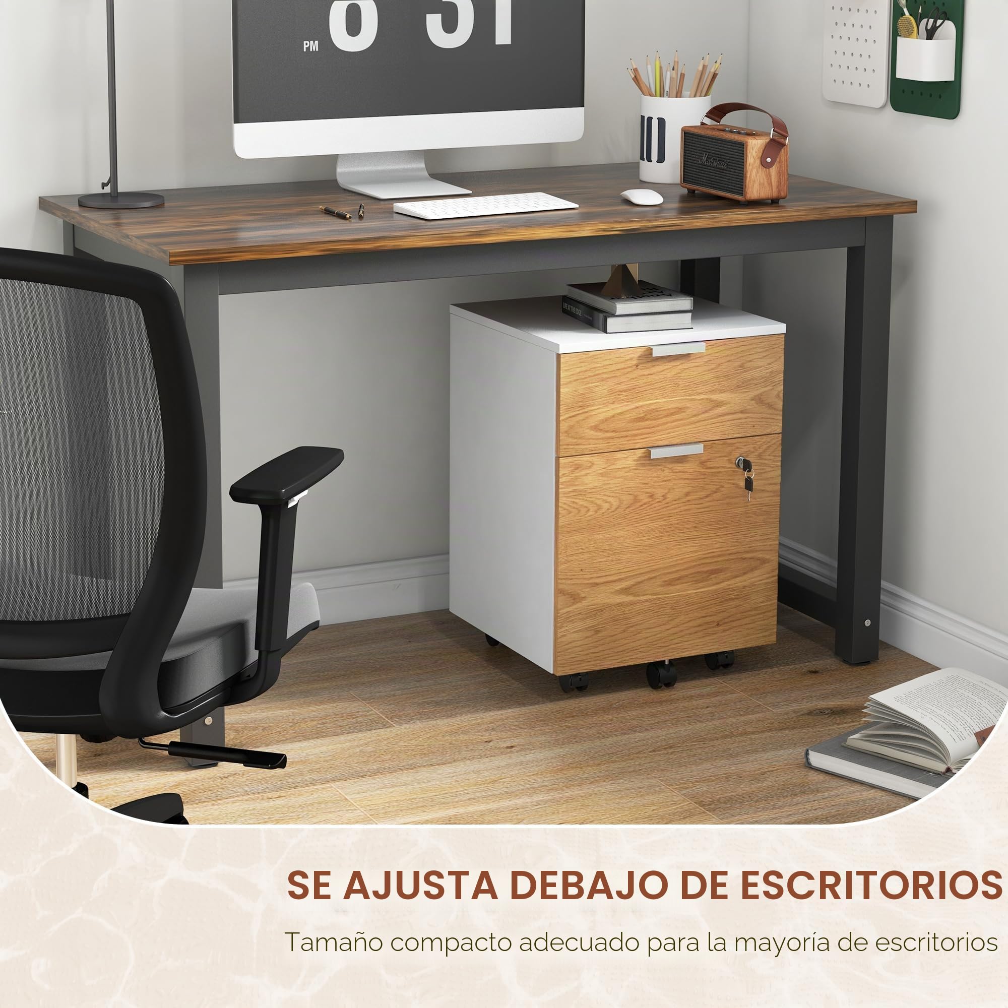 HOMCOM Cajonera de Oficina con Ruedas Mueble Archivador con 2 Cajones Barra Colgante para Carpetas A4 y Carta Cerradura en Cajón Inferior 42x40x60 cm Blanco y Natural